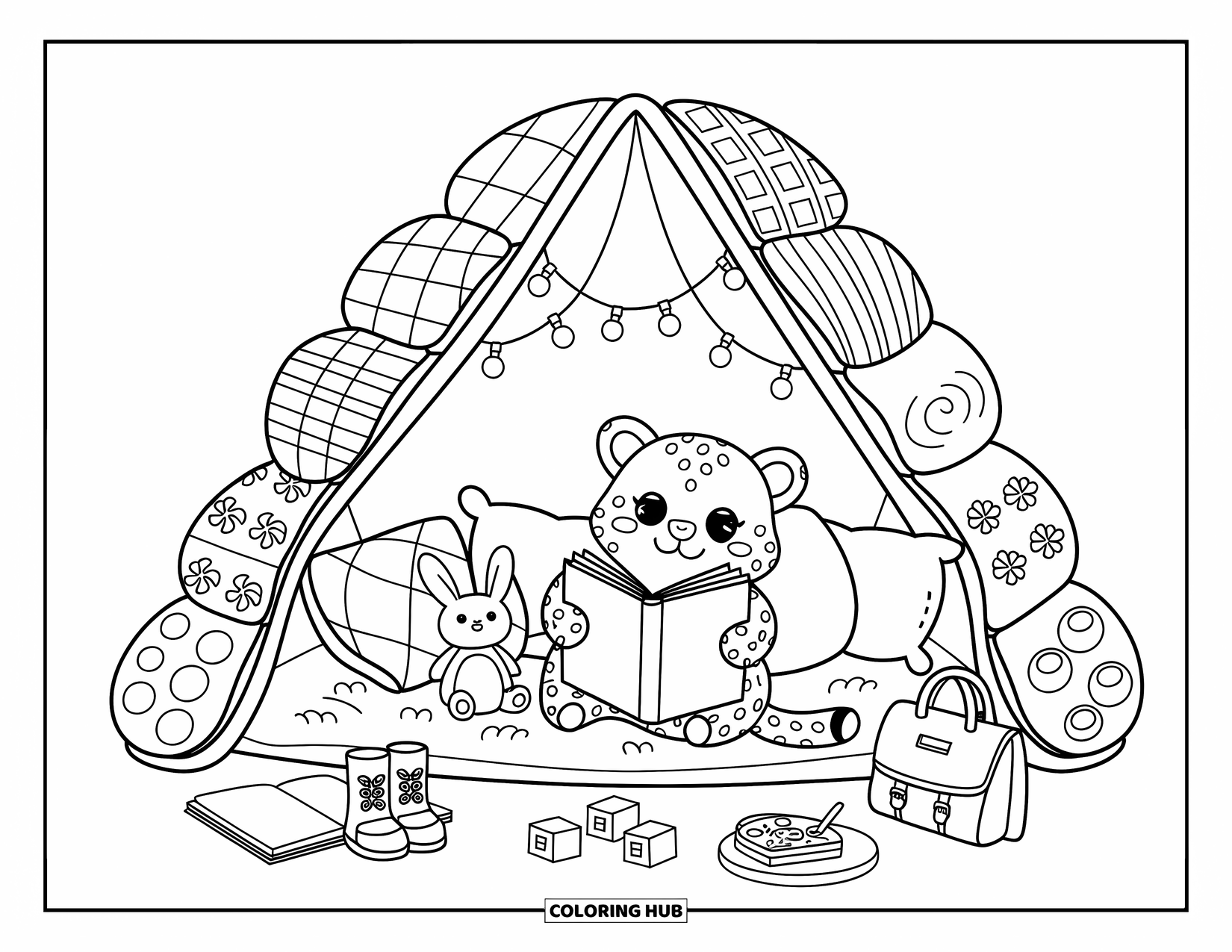 Snow Leopard Coloring Page for Adults: Relaxed snow leopard curls up in a blanket fort filled with books, snacks, and cute toys