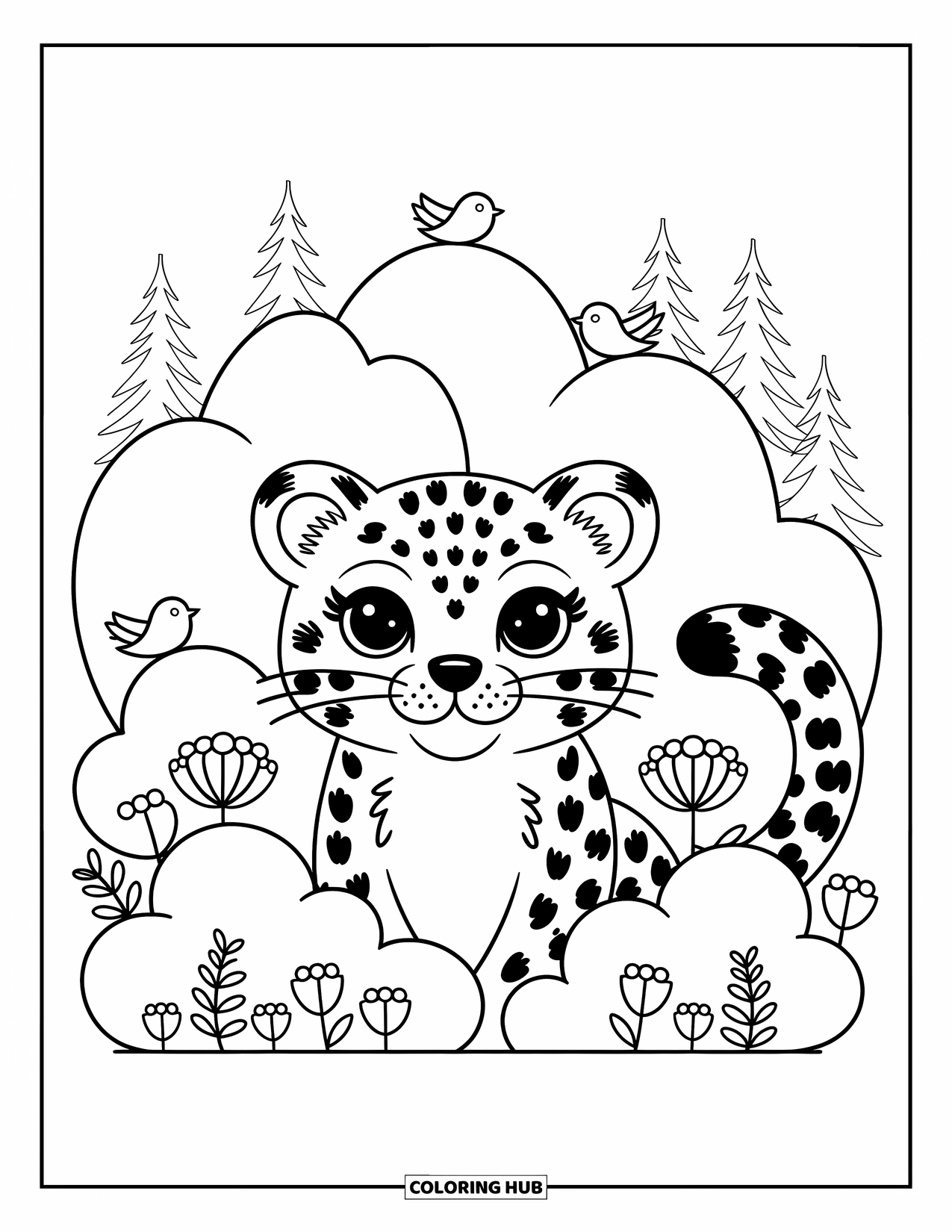 Snow Leopard Coloring Page for Adults: Snow leopard looks through wintry bushes with birds and mountains in the background