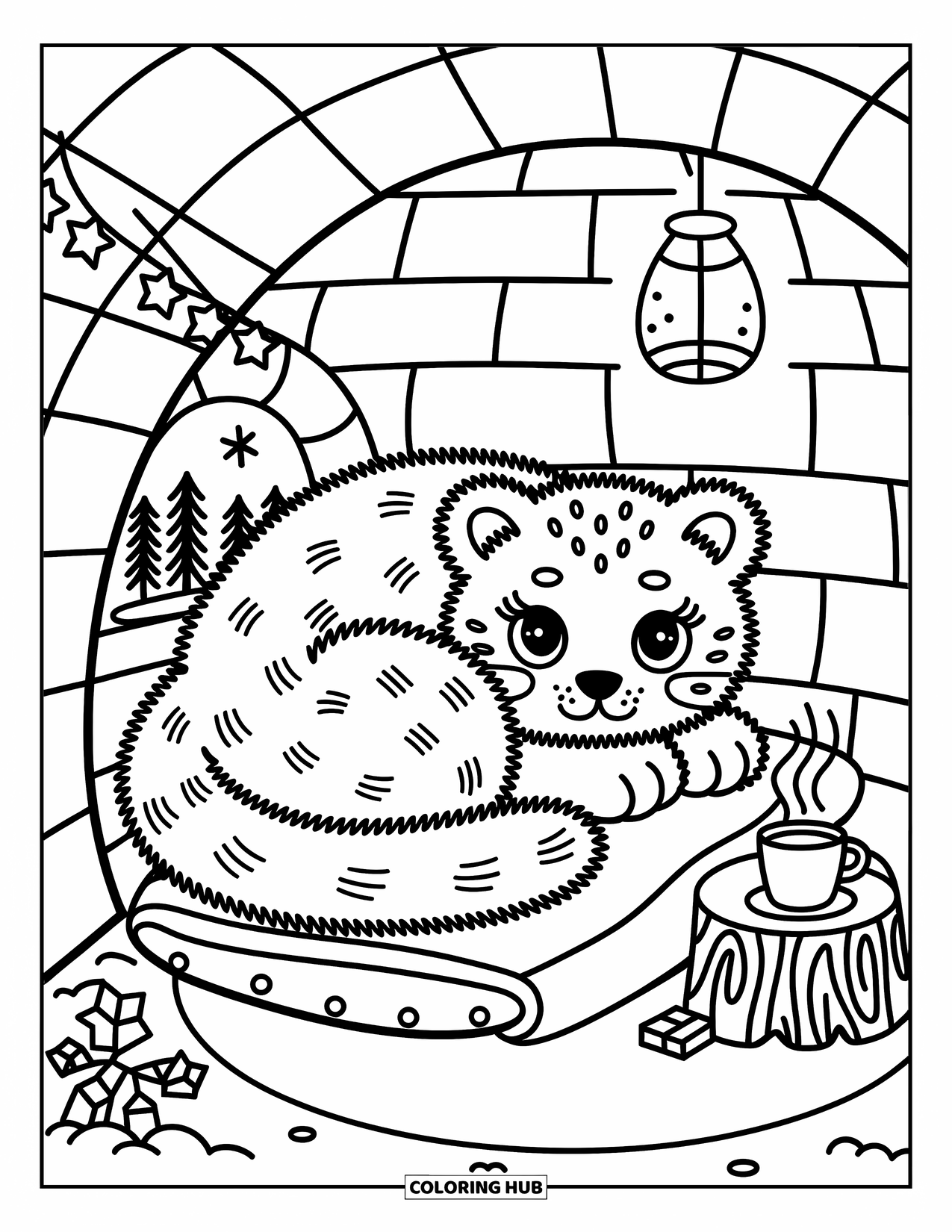 Snow Leopard Coloring Page for Adults: Snow leopard naps inside a round igloo with a warm drink and hanging lantern
