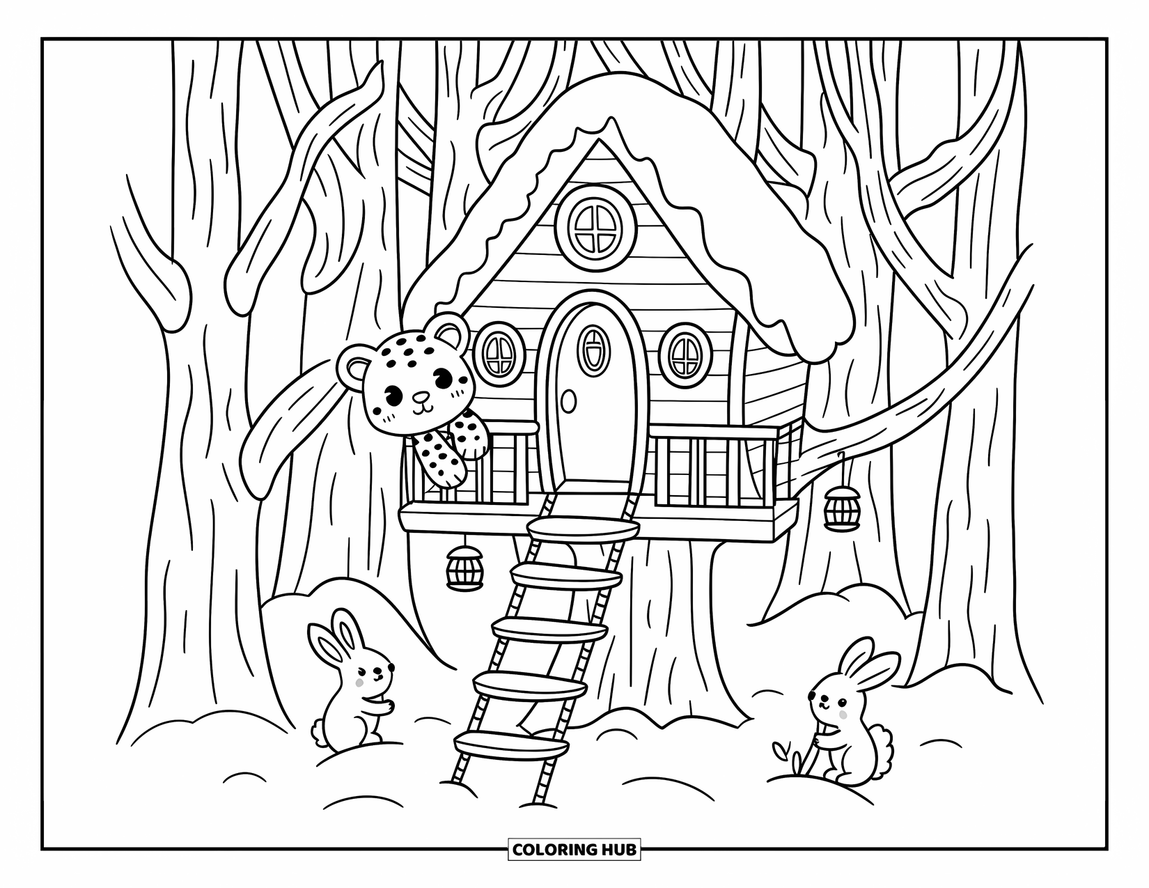 Snow Leopard Coloring Page for Adults: Snow leopard peeks out of a snowy treehouse while woodland friends wave up happily