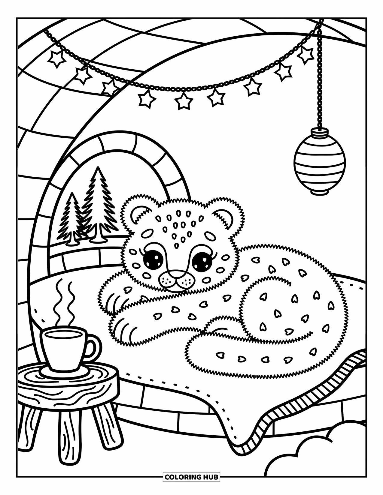 Snow Leopard Coloring Page for Adults: Snow leopard rests on a blanket in an igloo with trees and a warm cup close by
