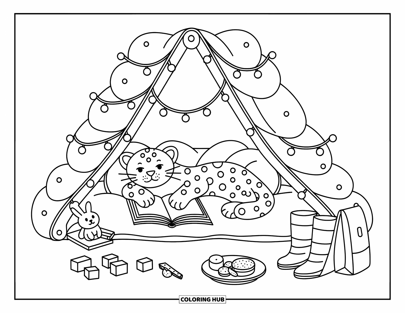 Snow Leopard Coloring Page for Adults: Snuggly snow leopard relaxes with a book inside a blanket fort filled with tiny treasures