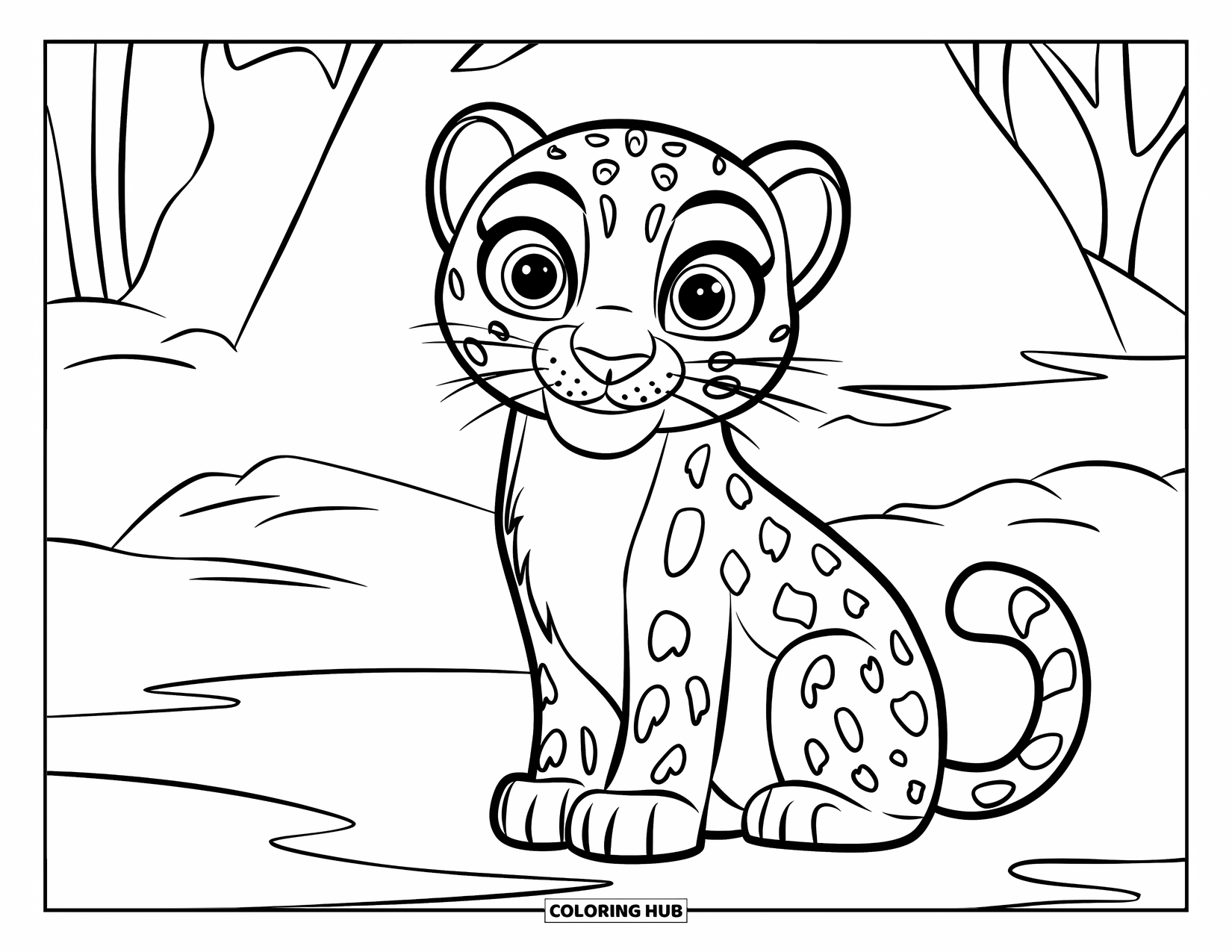 Snow Leopard Coloring Page for Kids: Cheerful leopard cub sits still near snowy trees and a tall mountain