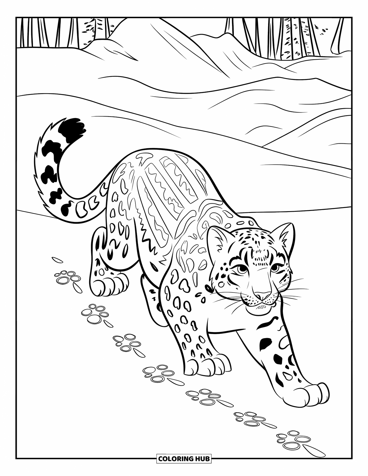 Snow Leopard Coloring Page for Kids: Graceful snow leopard walks through snowy terrain, paw prints trailing behind