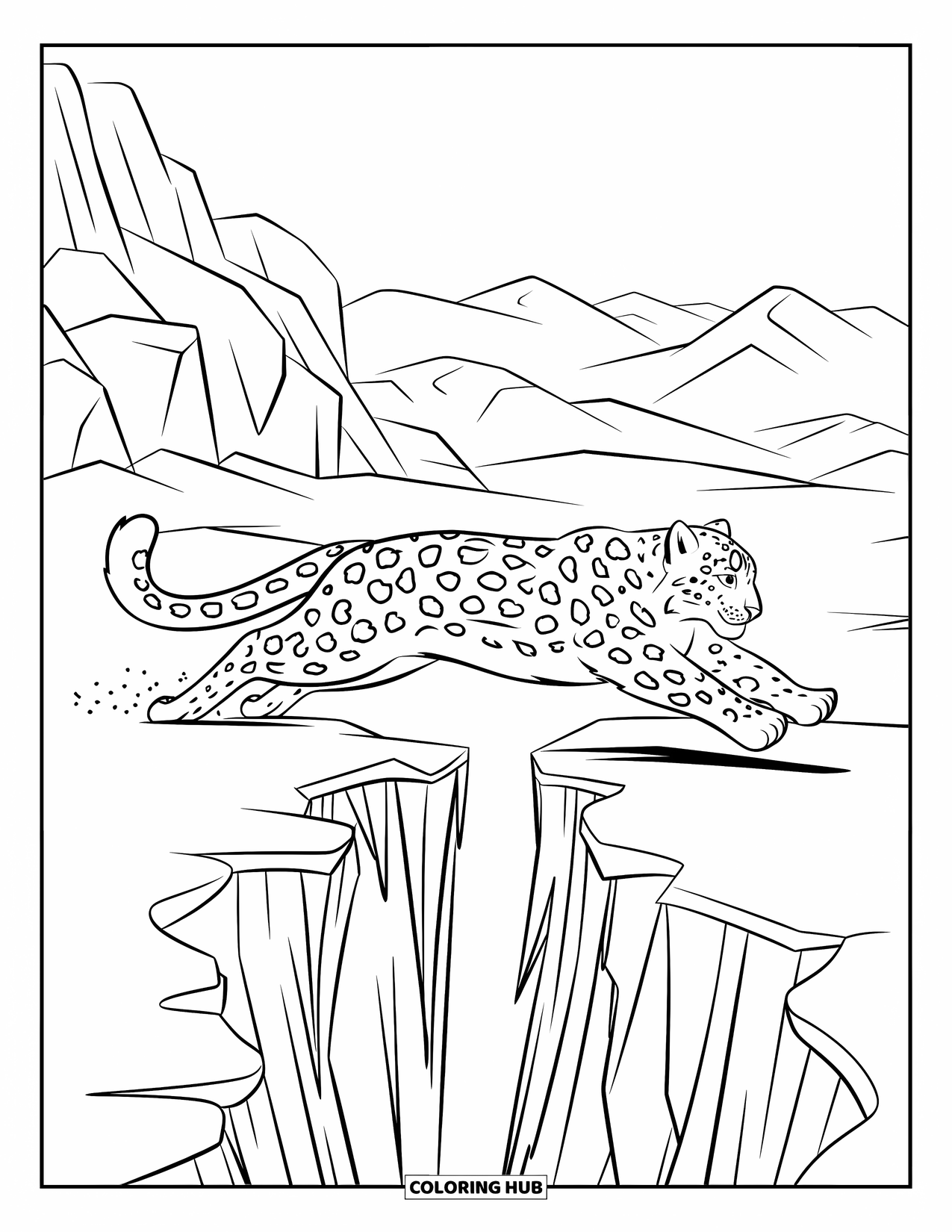 Snow Leopard Coloring Page for Kids: Leaping snow leopard sails over ice between jagged rocks and misty mountains