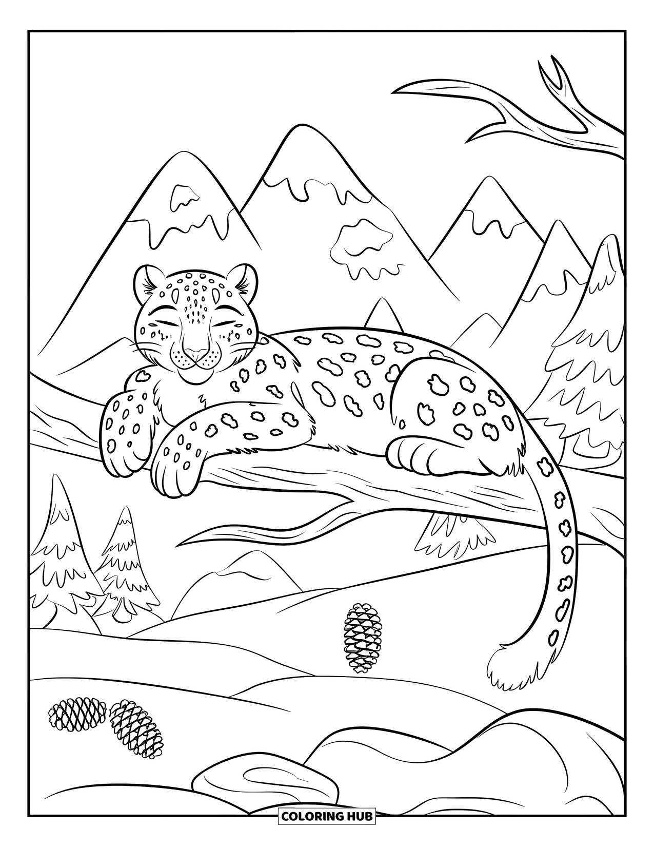 Snow Leopard Coloring Page for Kids: Peaceful snow leopard naps on a snowy branch with pinecones nearby and mountains beyond