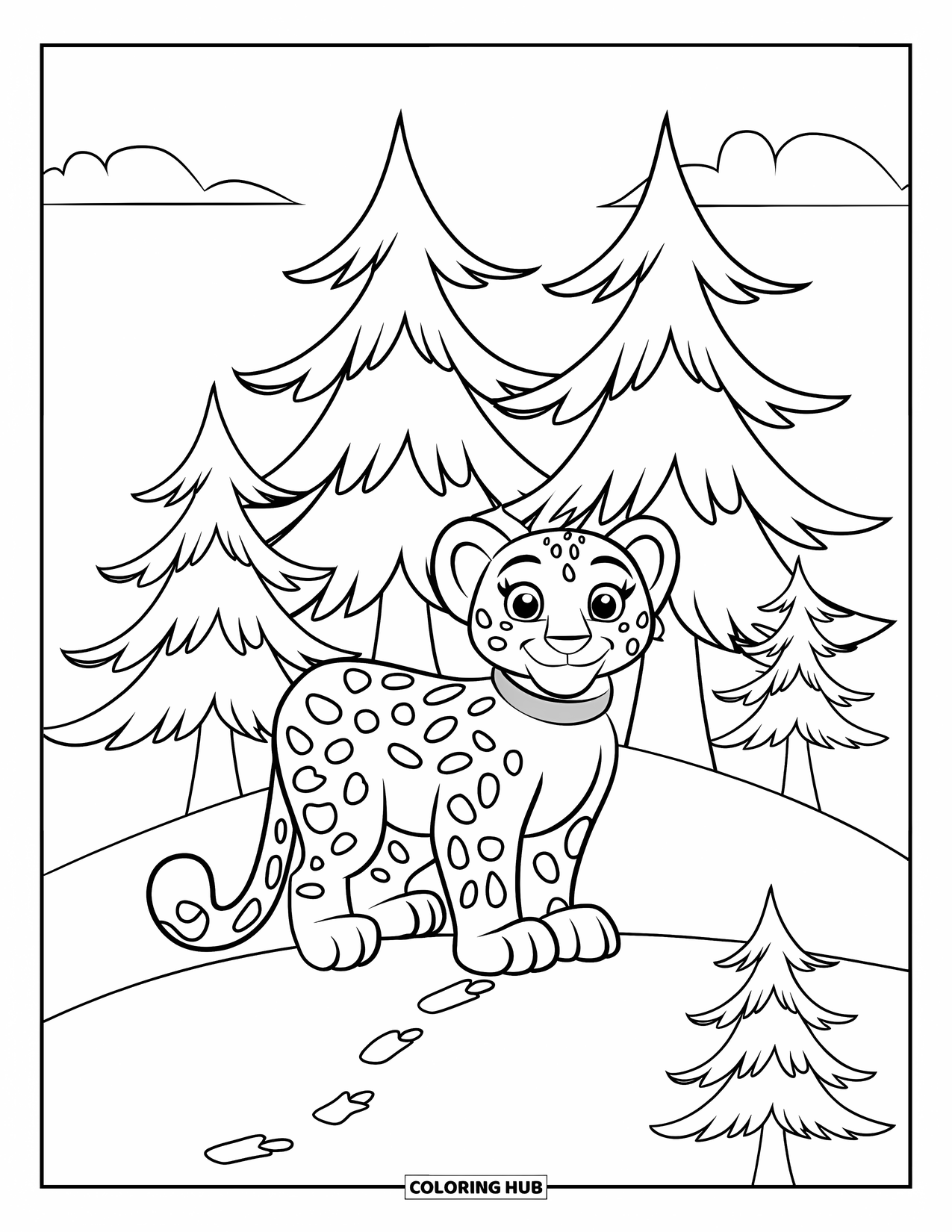 Snow Leopard Coloring Page for Kids: Playful leopard stands on a snowy hill wearing a collar and leaving footprints