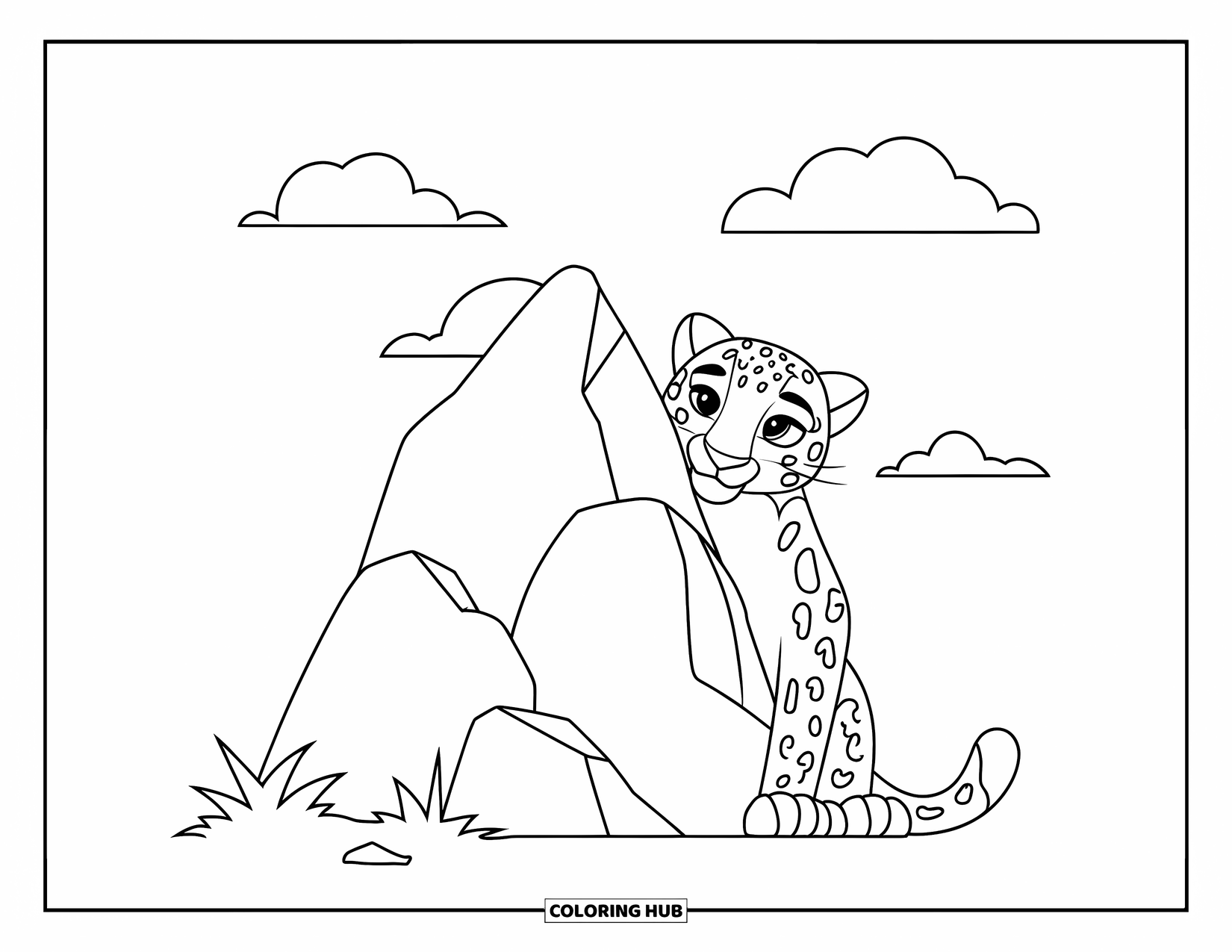 Snow Leopard Coloring Page for Kids: Playful snow leopard peeks out from behind a giant rock