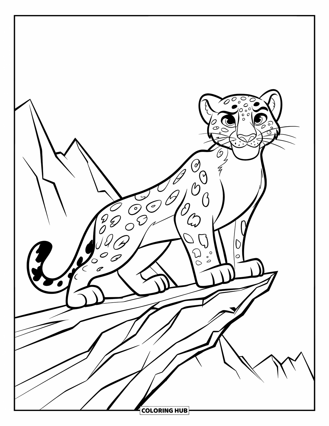 Snow Leopard Coloring Page for Kids: Proud snow leopard gazes out from a craggy cliff with mountains beyond