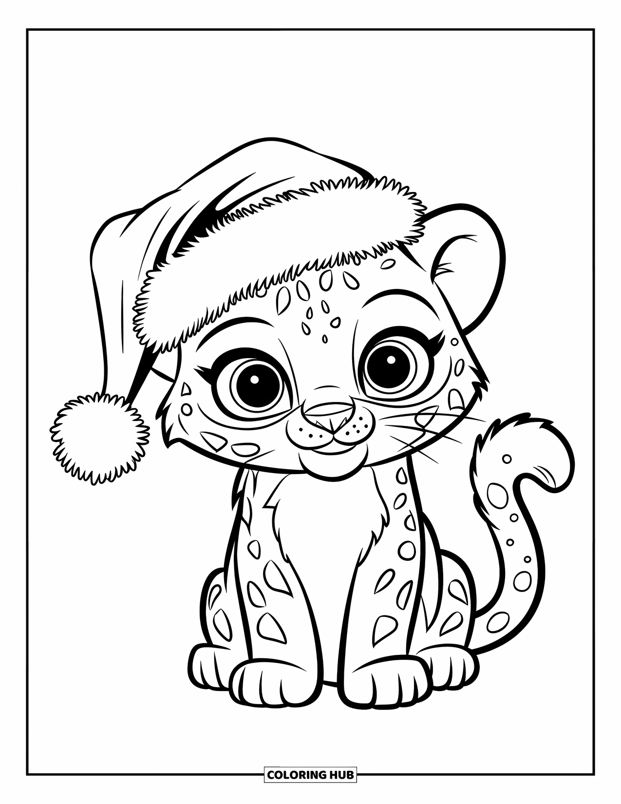 Snow Leopard Coloring Page for Kids: Santa-hat-wearing leopard cub sits beside a Christmas tree with a sweet smile
