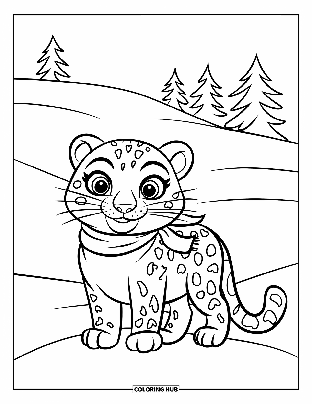 Snow Leopard Coloring Page for Kids: Smiling snow leopard stands on a snowy hill with three pine trees behind
