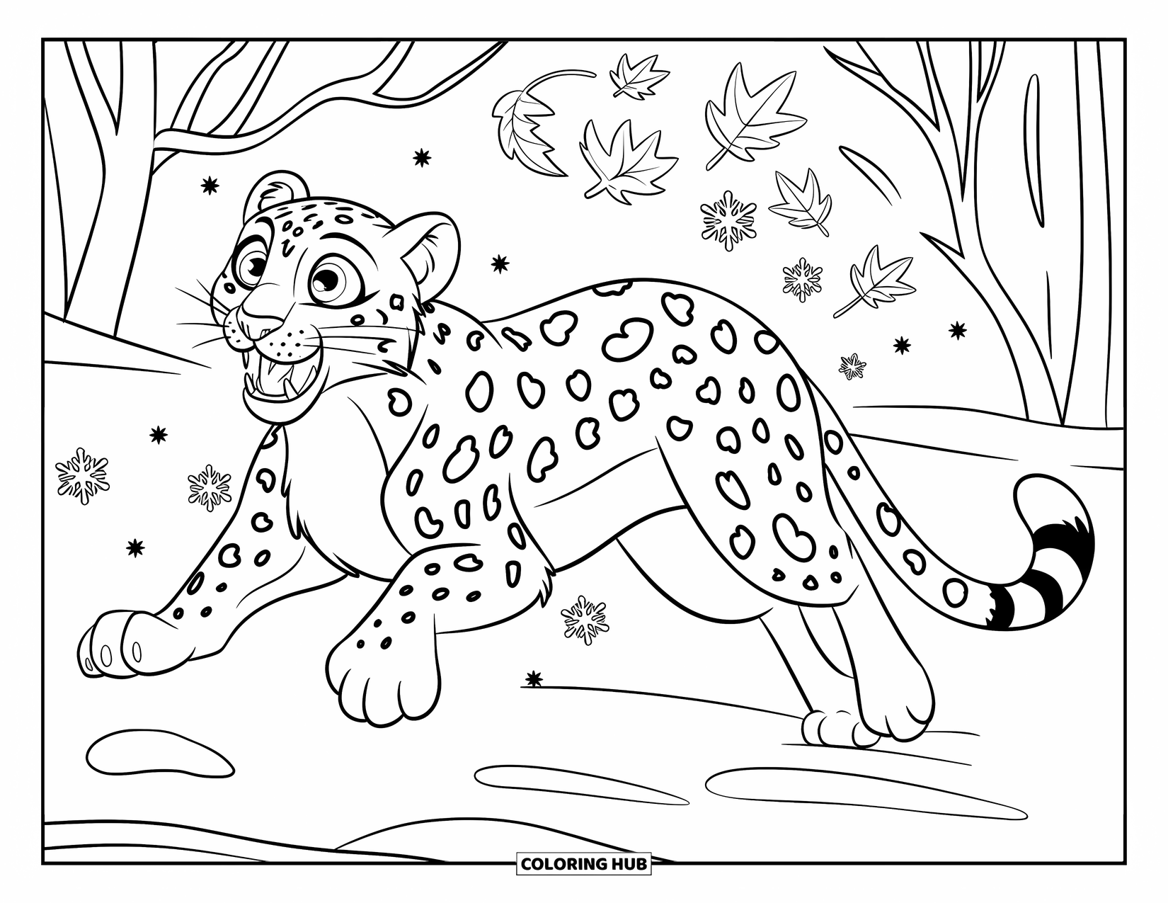 Snow Leopard Coloring Page for Kids: Snow leopard chases snowflakes and leaves dancing through the winter air