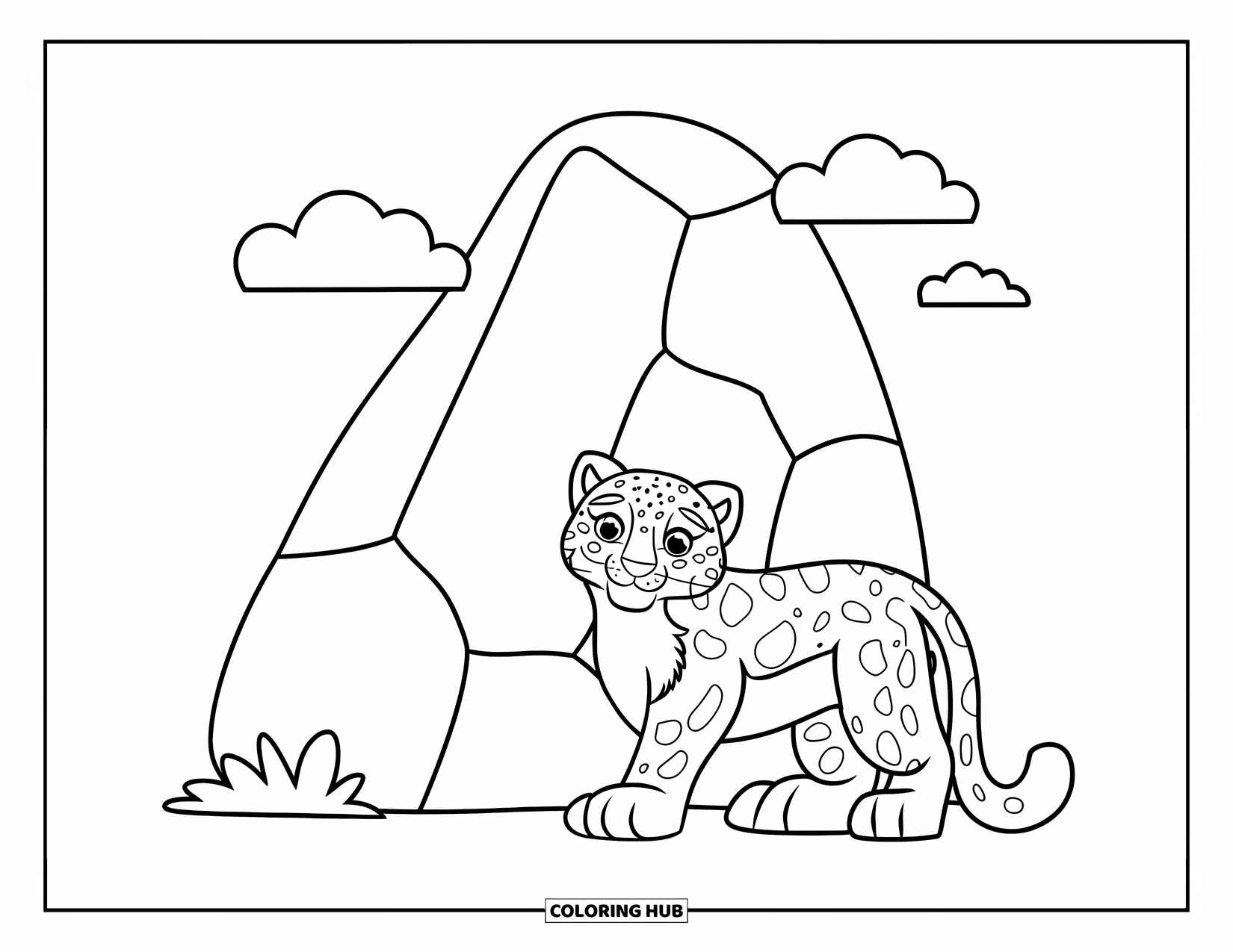 Snow Leopard Coloring Page for Kids: Snow leopard cub peeks playfully from behind a big rock and clouds