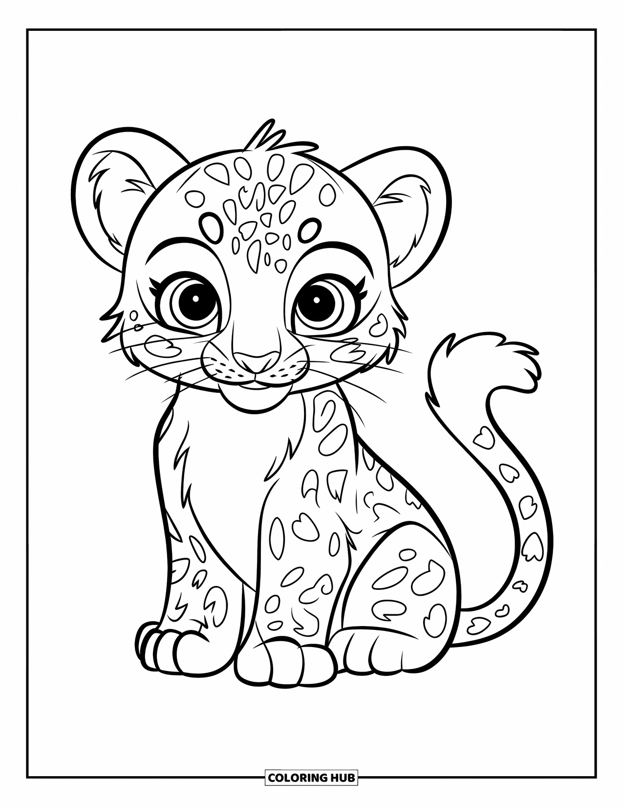Snow Leopard Coloring Page for Kids: Snow leopard cub sits on snowy ground with fluffy tail curled around