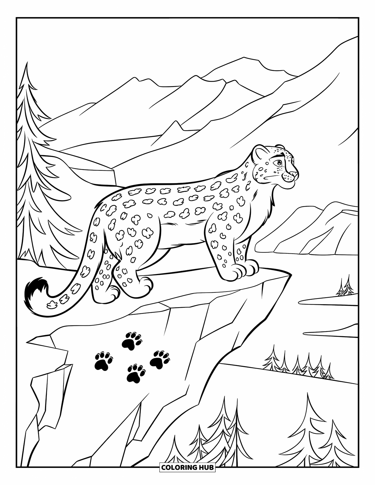 Snow Leopard Coloring Page for Kids: Snow leopard looks out from a high cliff, paw prints trailing behind