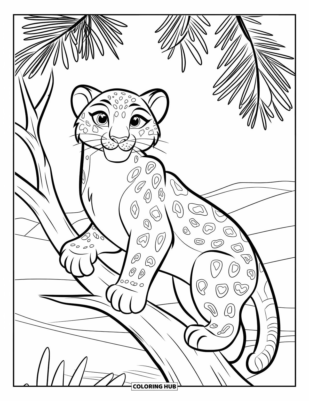 Snow Leopard Coloring Page for Kids: Snow leopard peers out from a tree surrounded by peaceful hills and sky