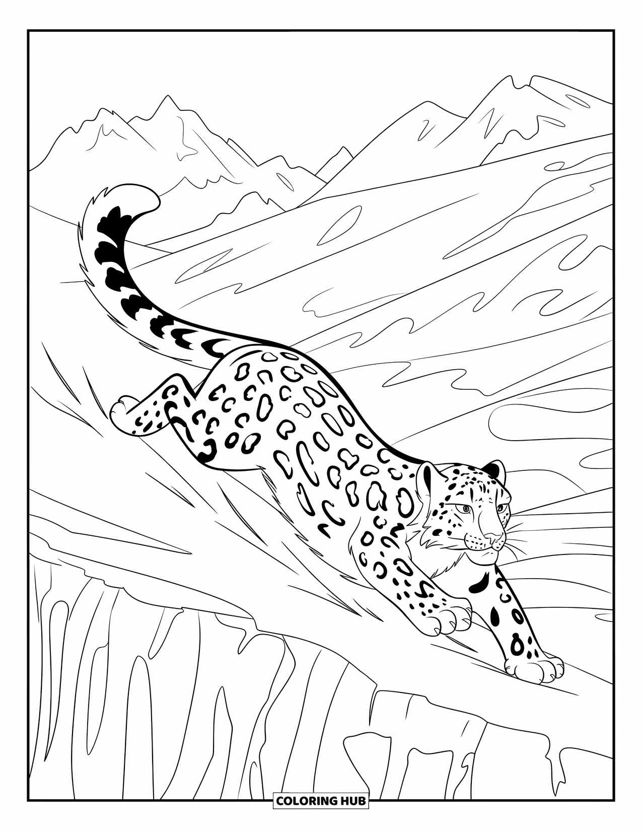 Snow Leopard Coloring Page for Kids: Snow leopard pounces over a snow-filled gap in a mountain valley