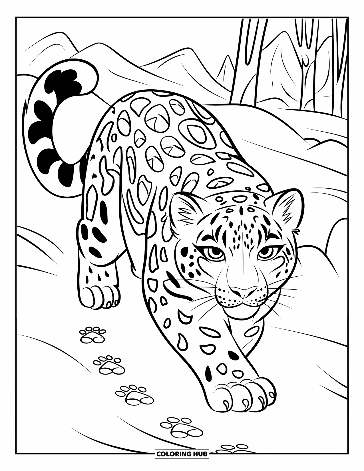 Snow Leopard Coloring Page for Kids: Snow leopard prowls snowy land, leaving paw prints behind