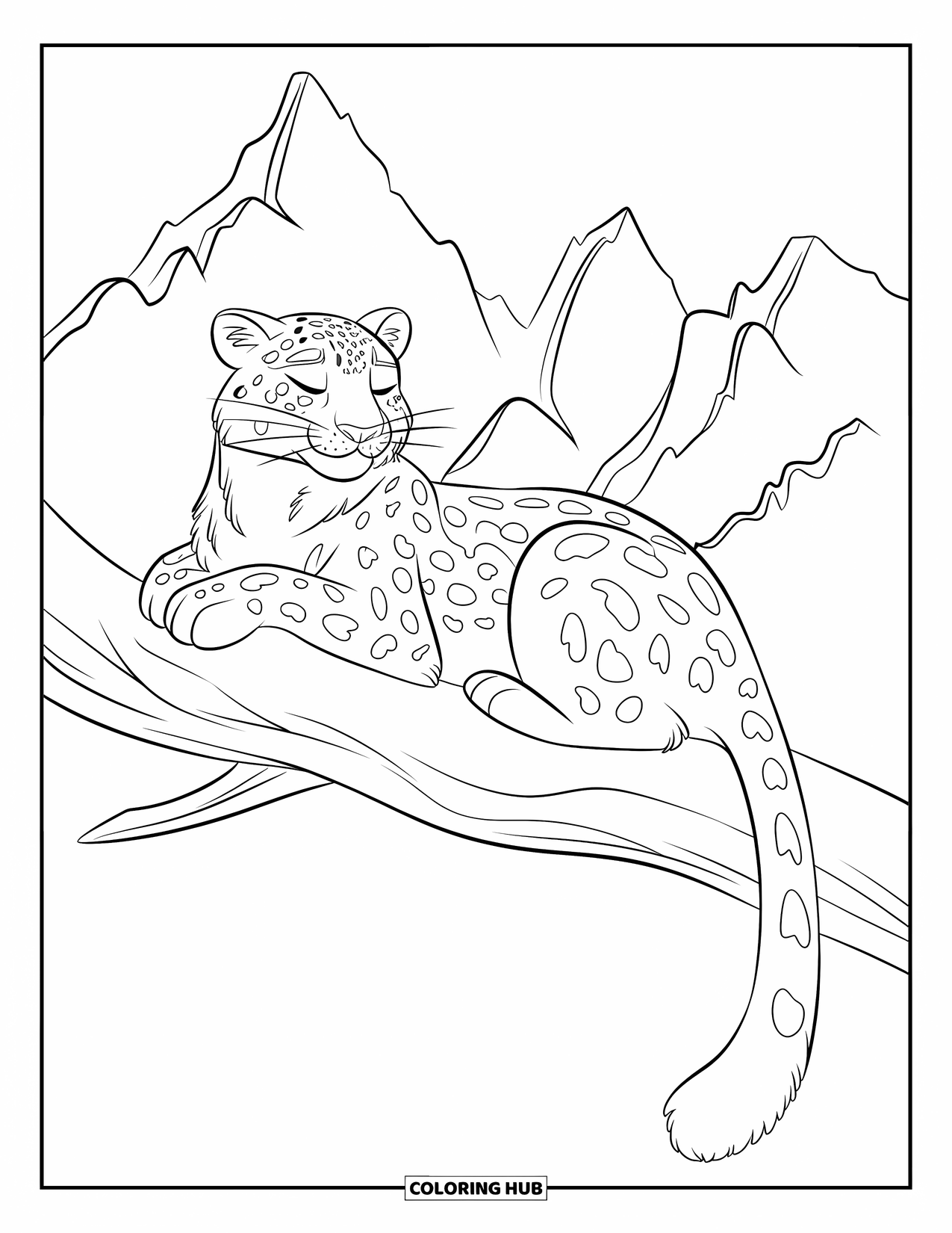 Snow Leopard Coloring Page for Kids: Snow leopard rests quietly on a snowy branch, facing away from the viewer