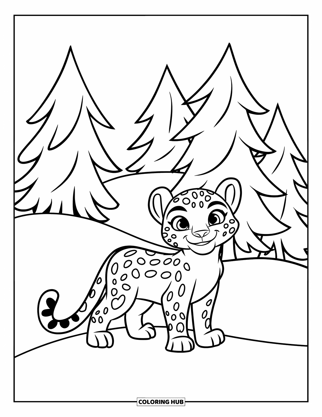 Snow Leopard Coloring Page for Kids: Snow leopard stands on a snowy hill with trees and a happy face