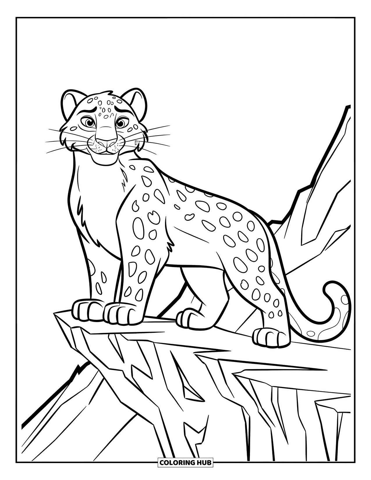 Snow Leopard Coloring Page for Kids: Snow leopard stands strong on a cliff with fur blowing in the wind