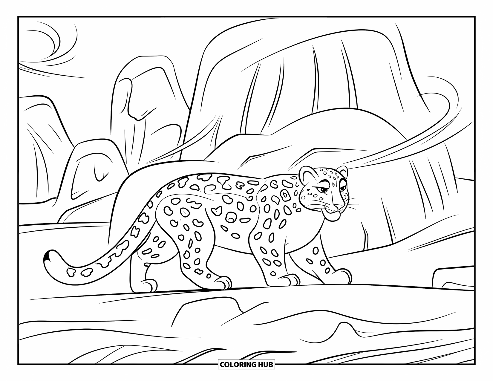 Snow Leopard Coloring Page for Kids: Snow leopard walks through icy boulders as winter wind dances in the air