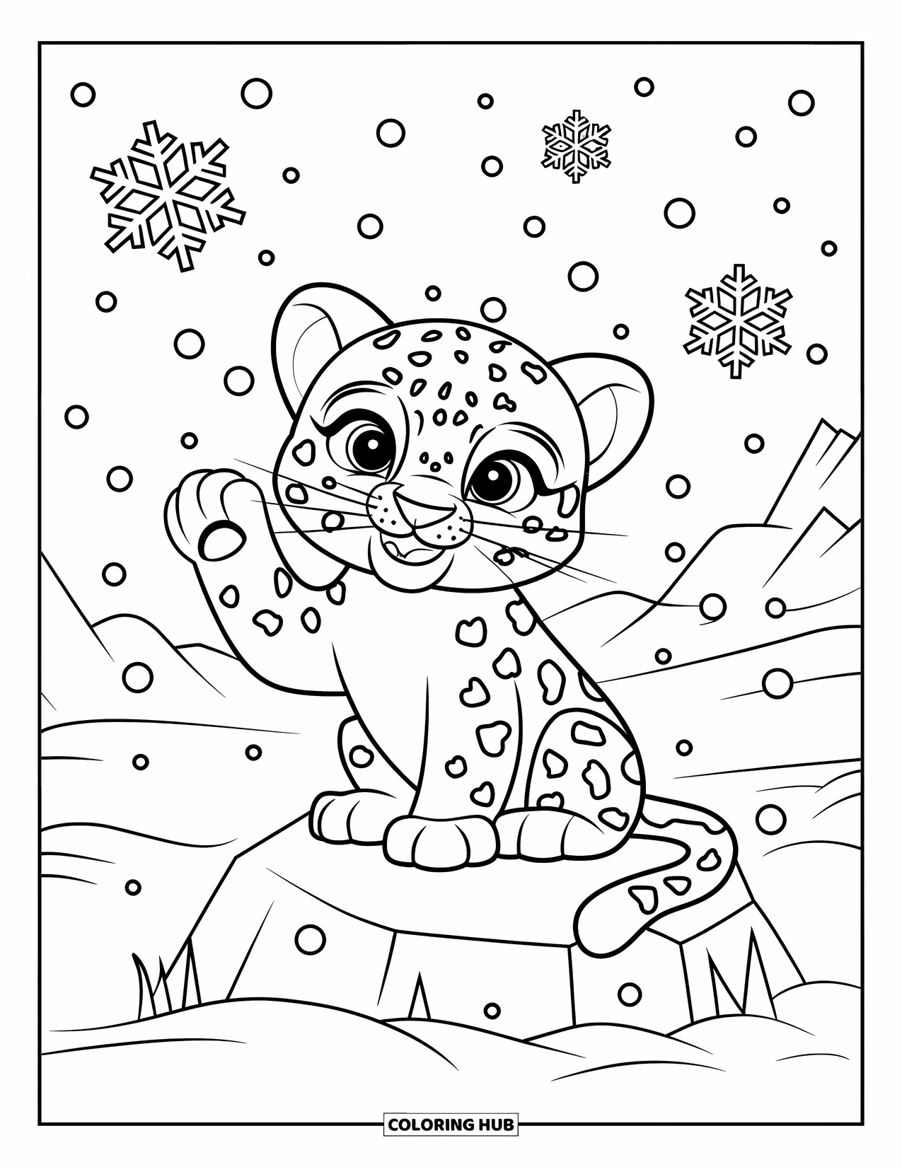 Snow Leopard Coloring Page for Kids: Snow leopard waves from a snowy rock with snowflakes falling nearby