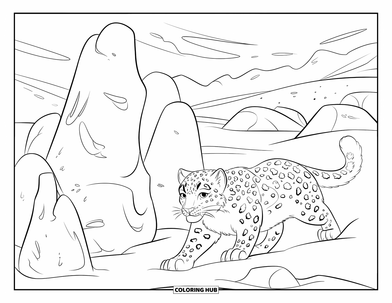 Snow Leopard Coloring Page for Kids: Stealthy snow leopard moves through snowy rocks with swirls of wind around