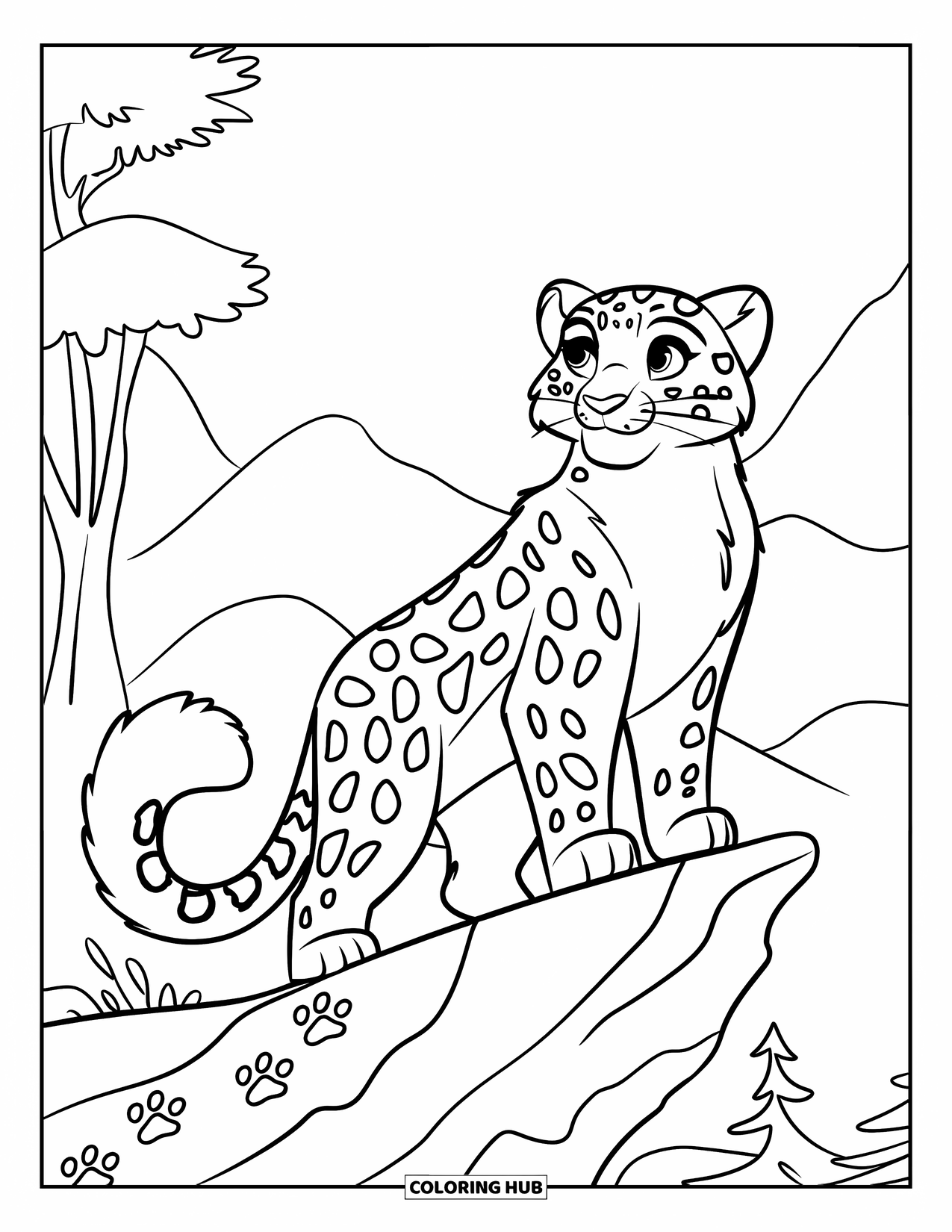 Snow Leopard Coloring Page for Kids: Strong snow leopard stands tall with raised paws on a snowy cliff edge