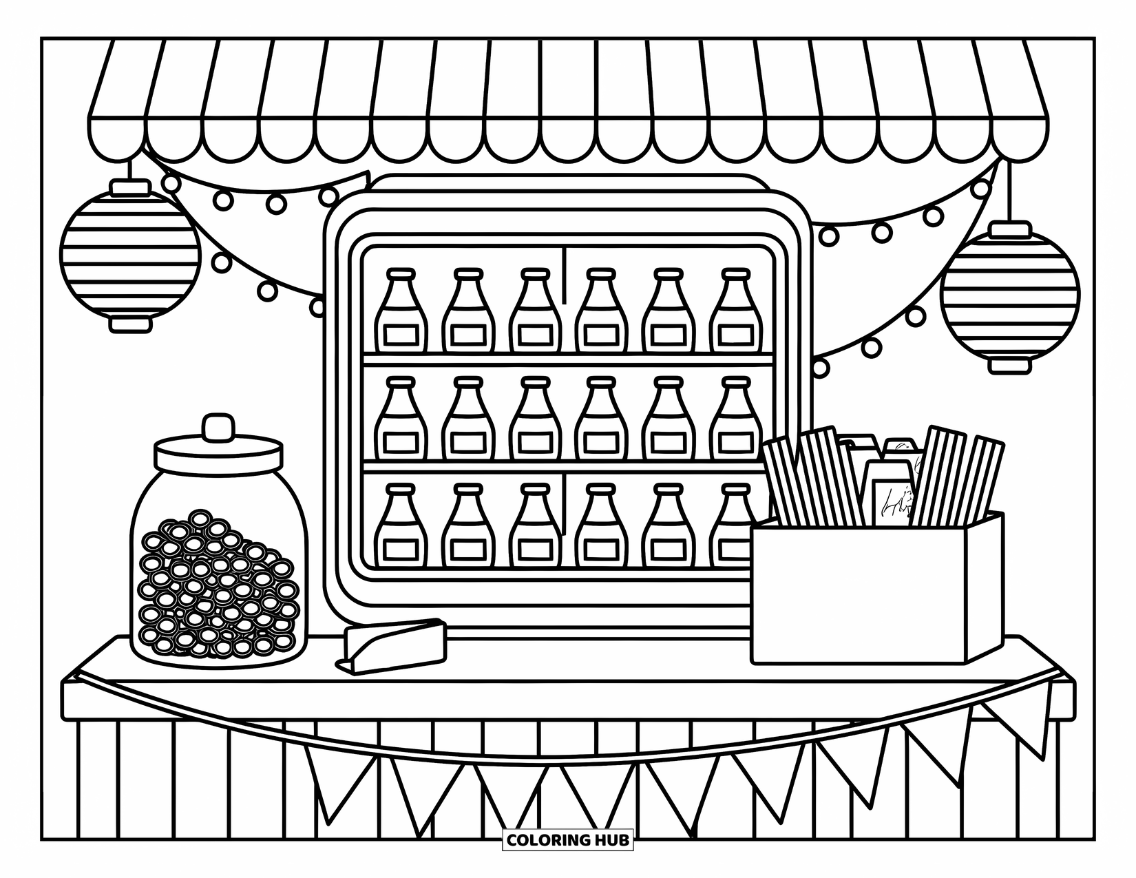 Soda Coloring Page for Adults: Cheerful soda booth with lanterns, napkins, and adorable little bottles