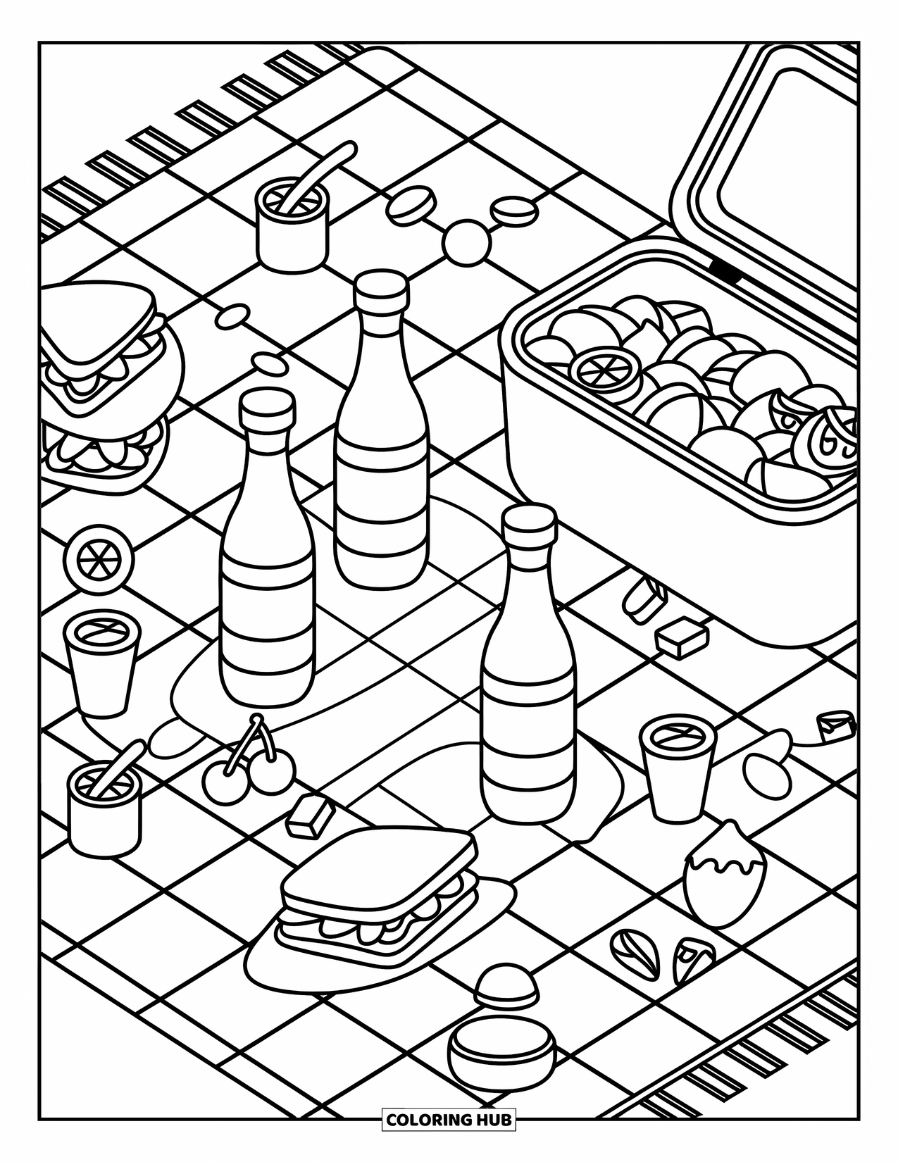 Soda Coloring Page for Adults: Cozy picnic scene with snacks, sodas, and twist-off bottle caps