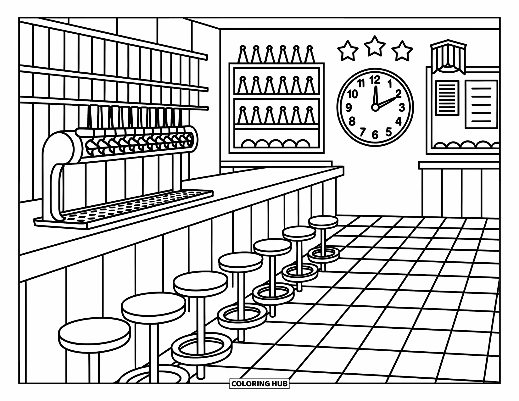 Soda Coloring Page for Adults: Cozy soda bar with tall glasses, syrup bottles, and a starry wall clock