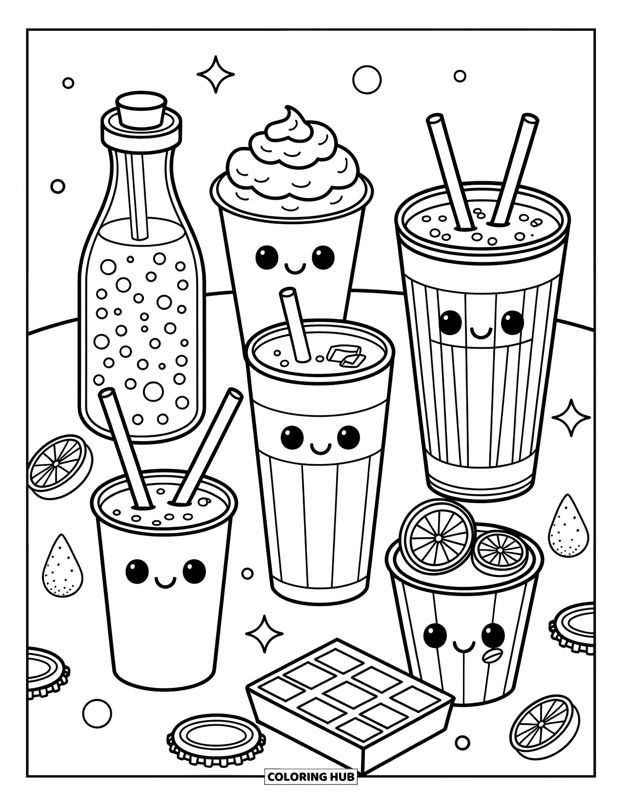 Soda Coloring Page for Adults: Six playful soda drinks with fruits, fizz, and cozy tabletop details