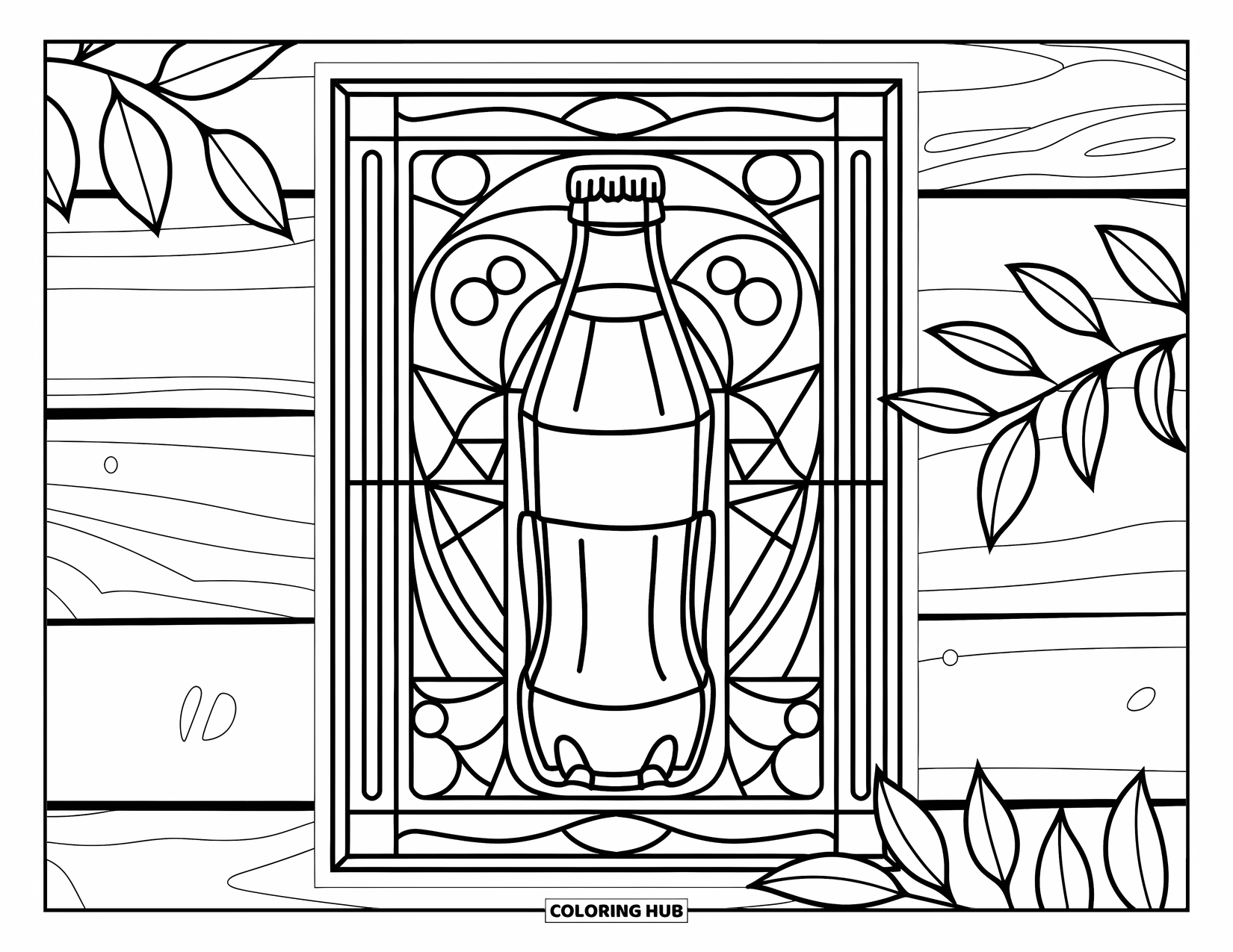 Soda Coloring Page for Adults: Soda bottle framed by geometric designs and a touch of nature