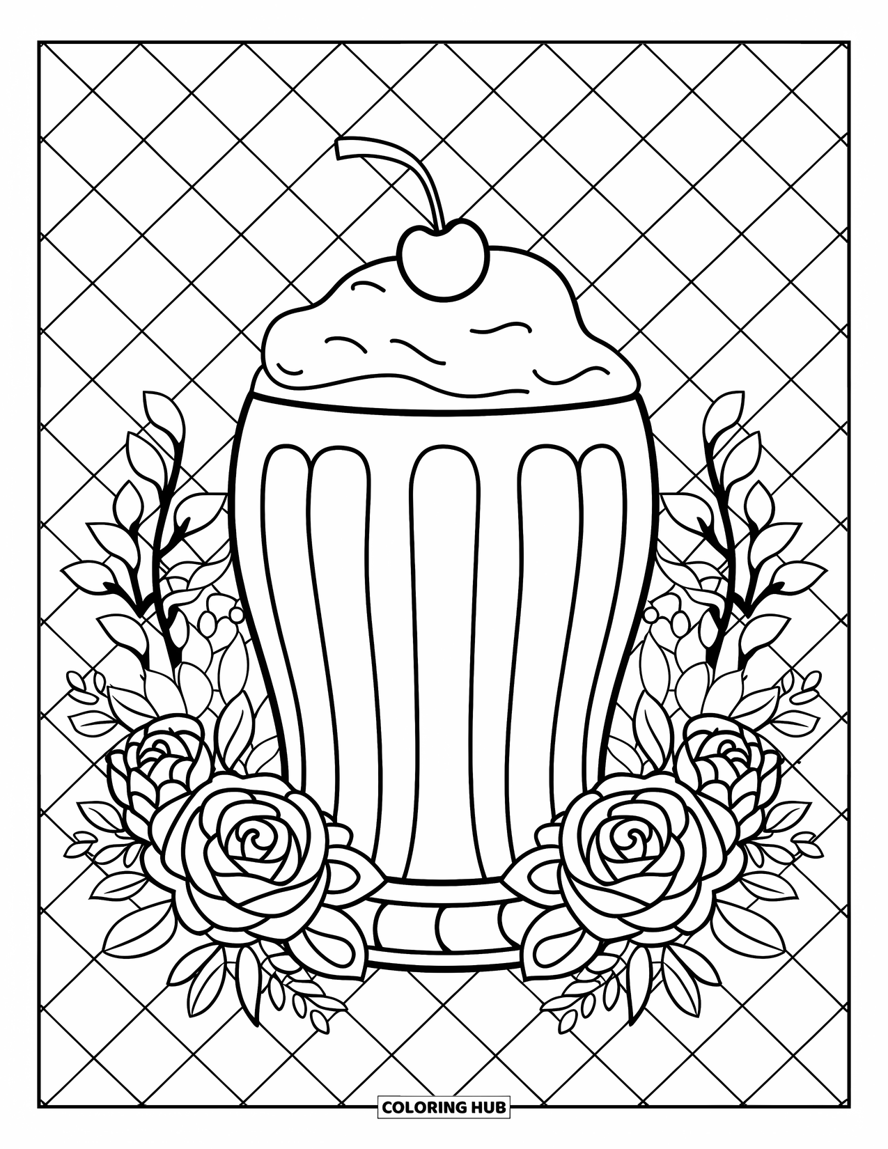 Soda Coloring Page for Adults: Soda float with cherry on top and floral accents