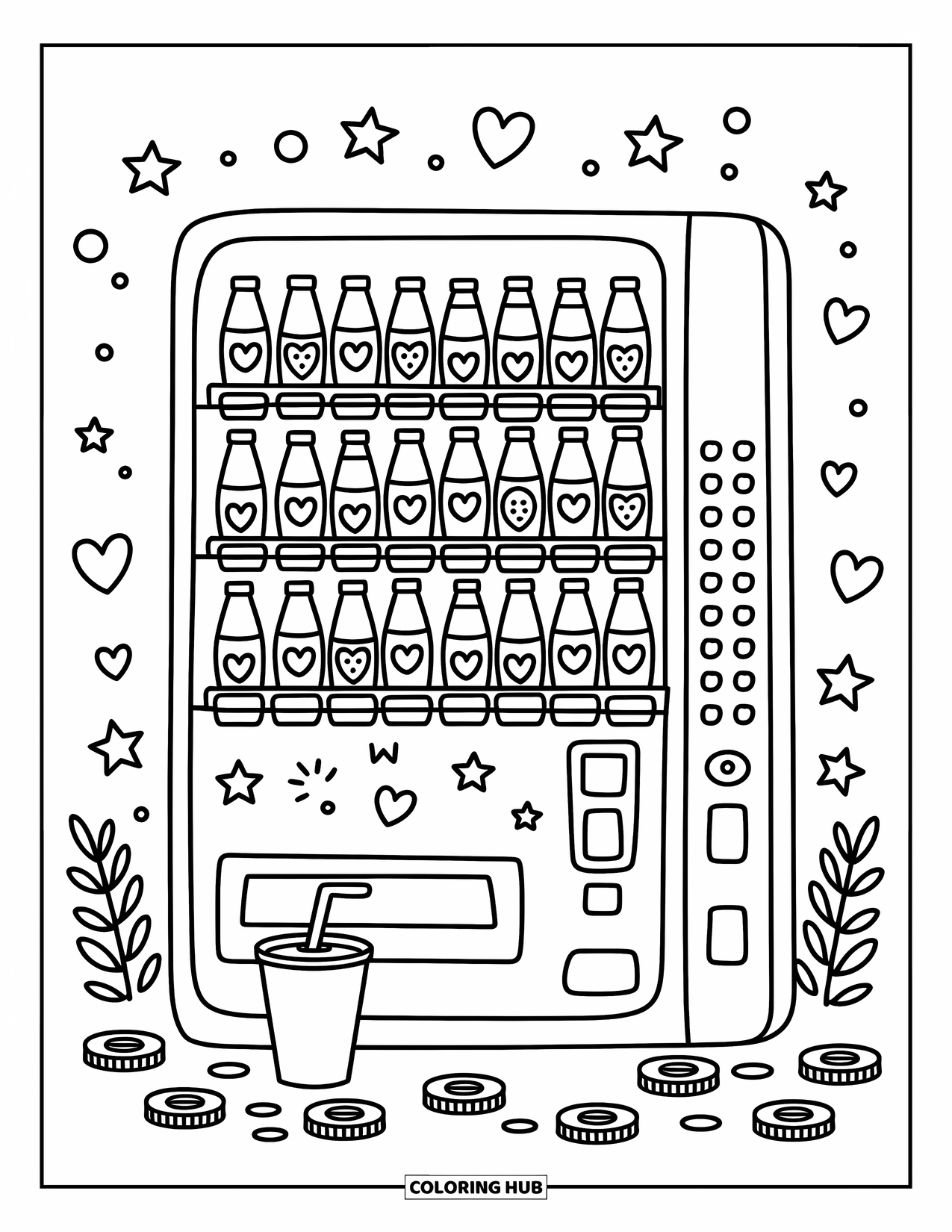 Soda Coloring Page for Adults: Soda machine with labeled drinks, fizzing cans, and a paper cup below