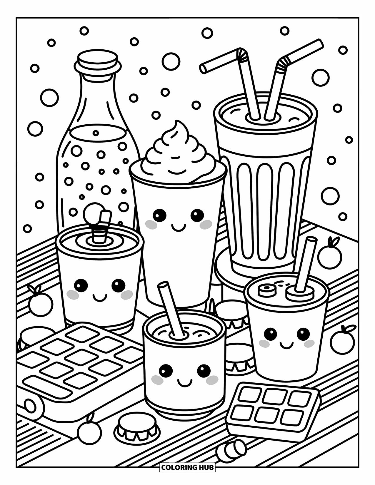 Soda Coloring Page for Adults: Sweet soda collection with bubbles, bottles, and cozy hand-drawn charm