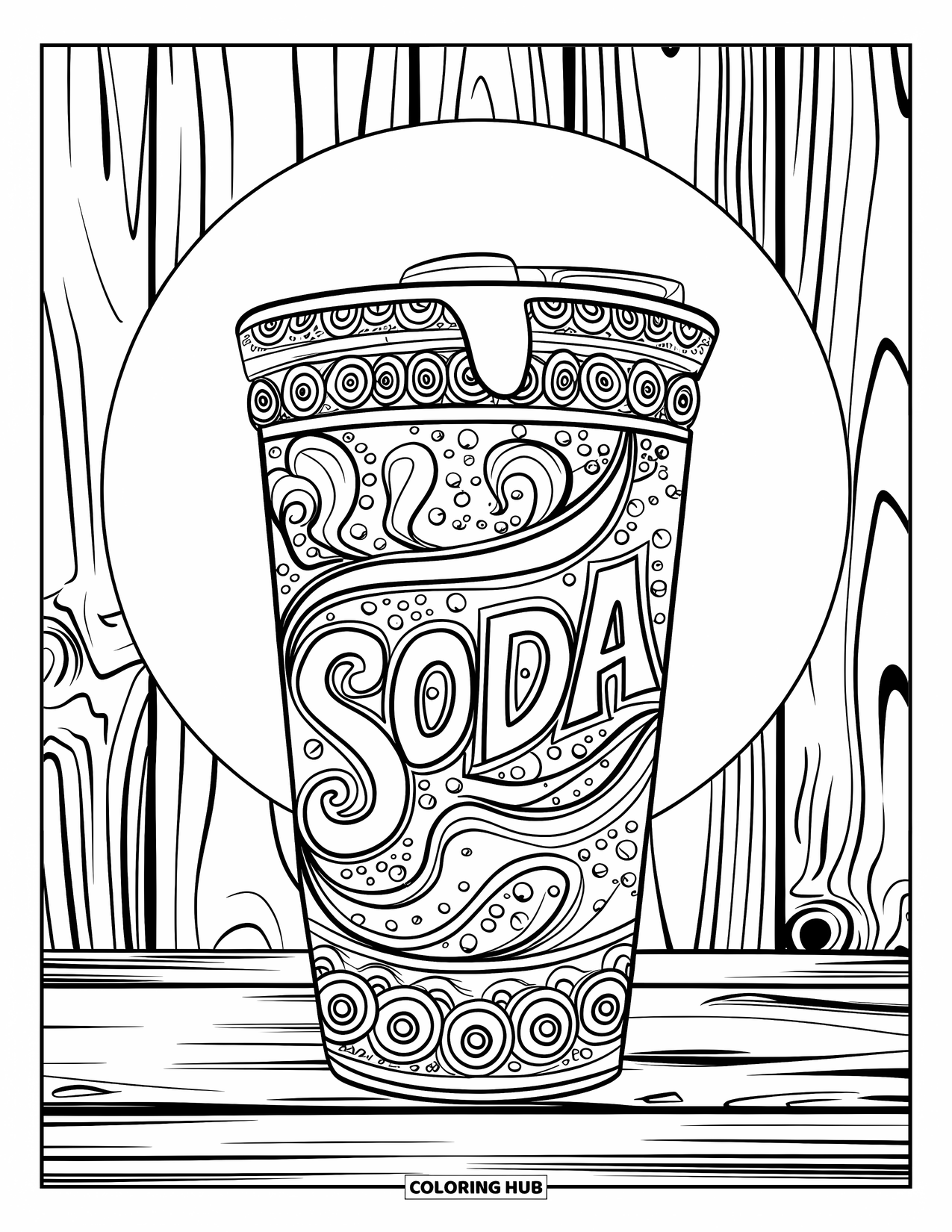 Soda Coloring Page for Adults: Swirly soda cup on a wooden surface