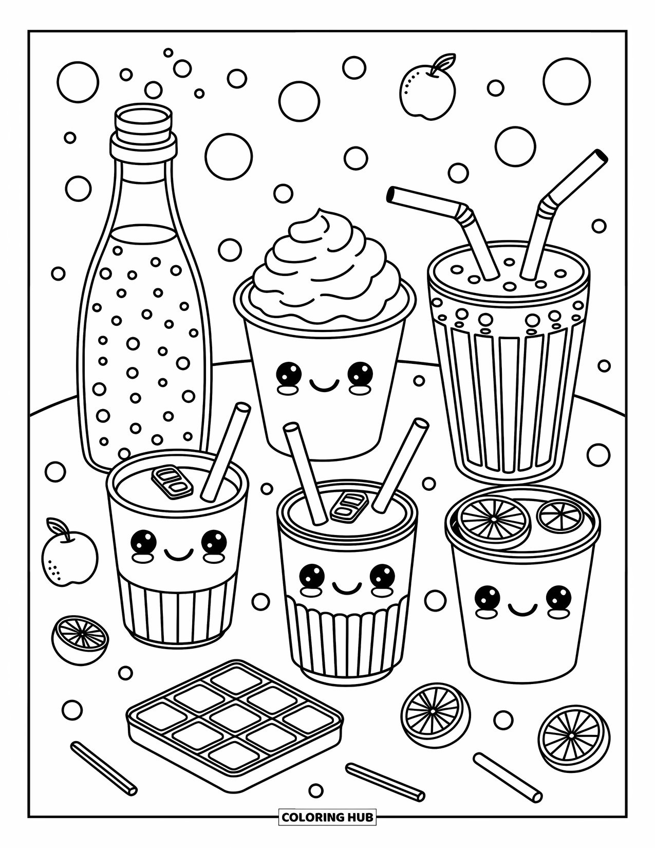 Soda Coloring Page for Adults: Tabletop with six cute soda drinks, bottle caps, and fizzy bubbles