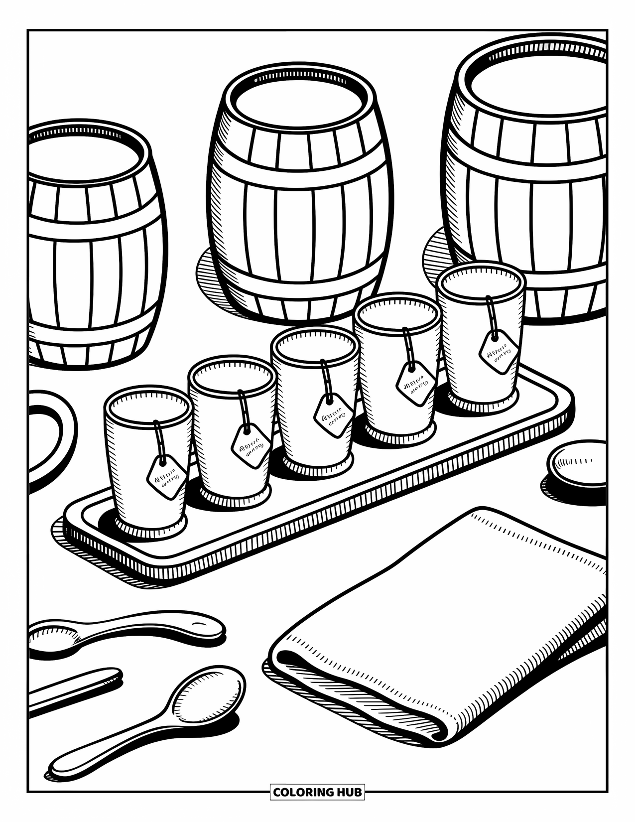 Soda Coloring Page for Adults: Tiny sodas on a tray with labels, a napkin, and cute barrels