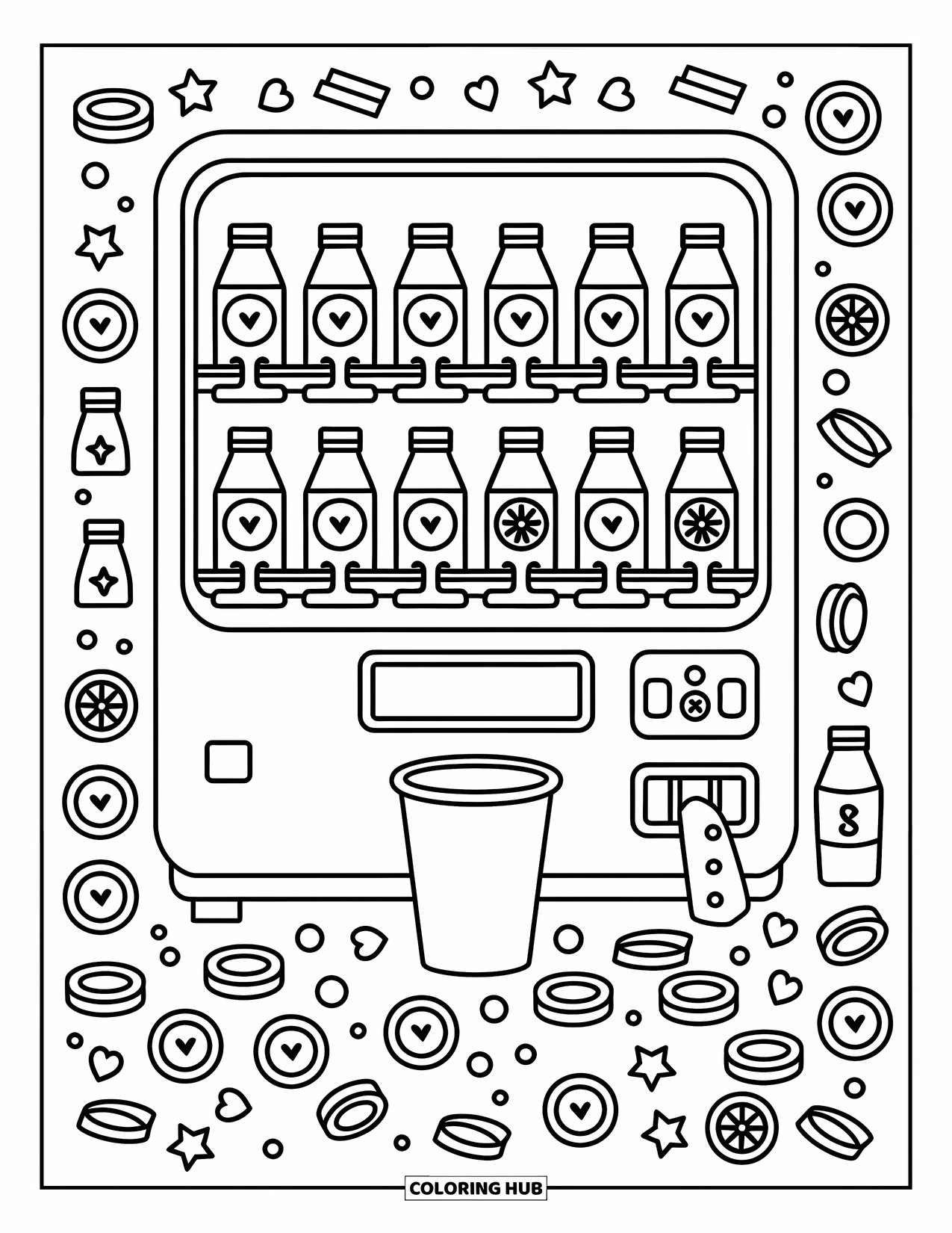 Soda Coloring Page for Adults: Vending machine filled with sodas, hearts, fizz, and cozy coin details