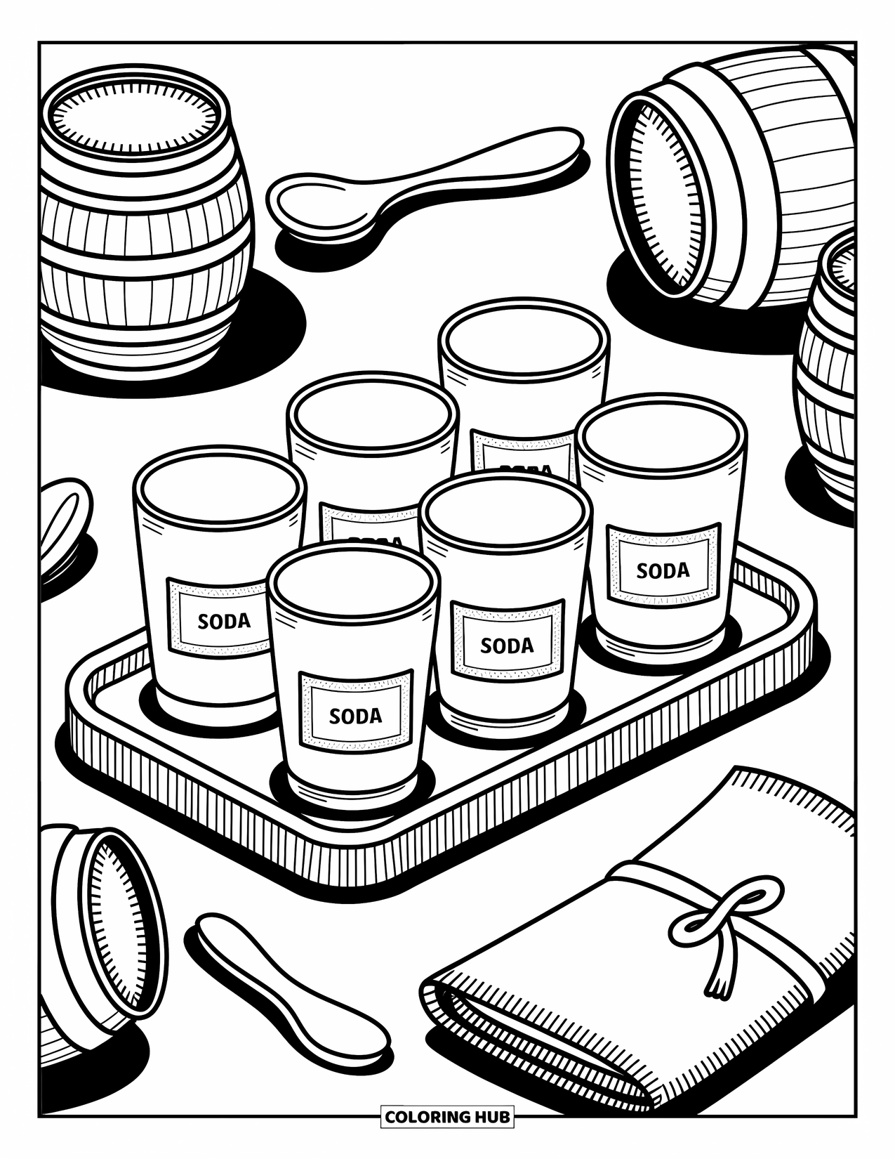 Soda Coloring Page for Adults: Whimsical soda sampler tray with fizzy glasses and playful details