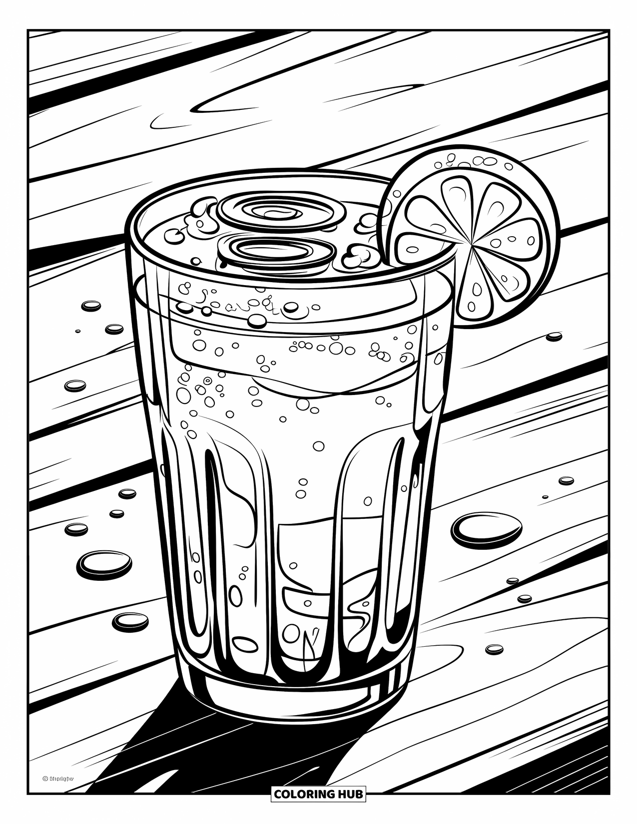 Soda Coloring Page for Kids: Bubbly soda with lime sits on a wooden surface with a few drops