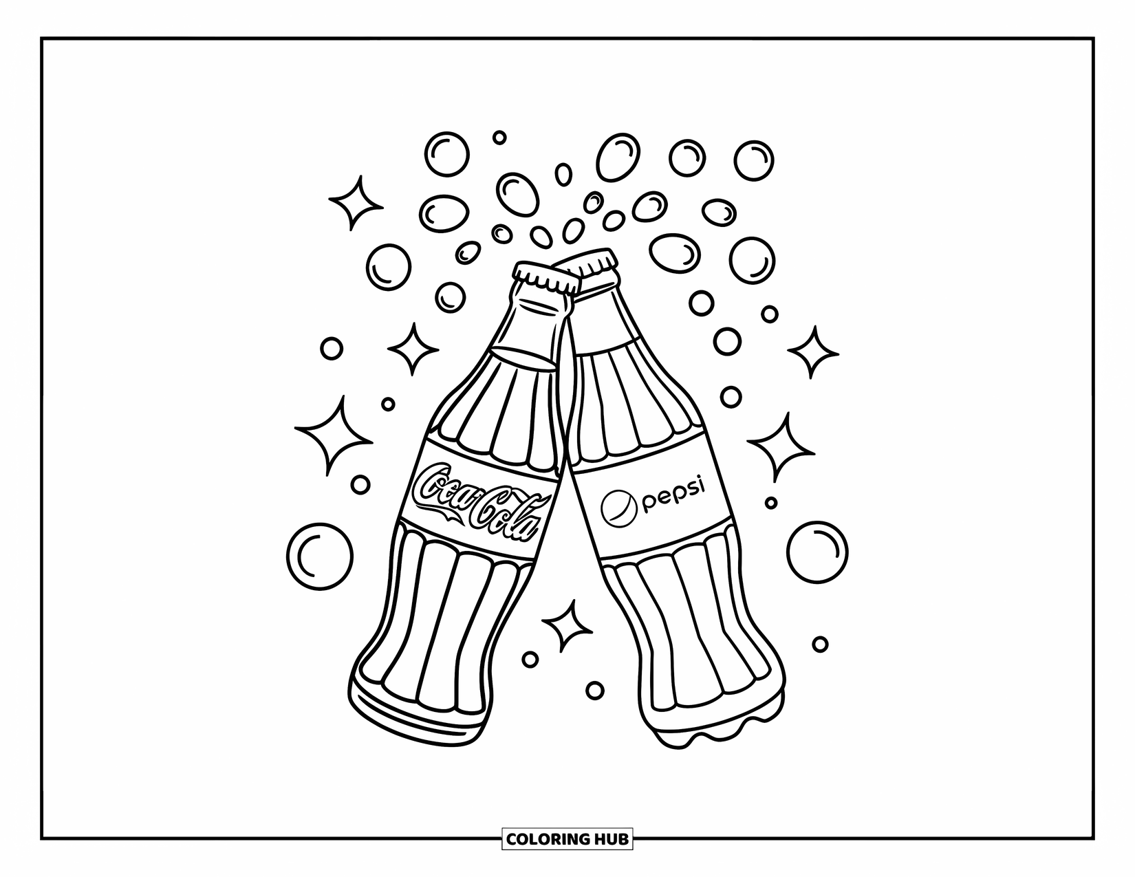 Soda Coloring Page for Kids: Coca-Cola and Pepsi bottles clink with fizzy bubbles and stars