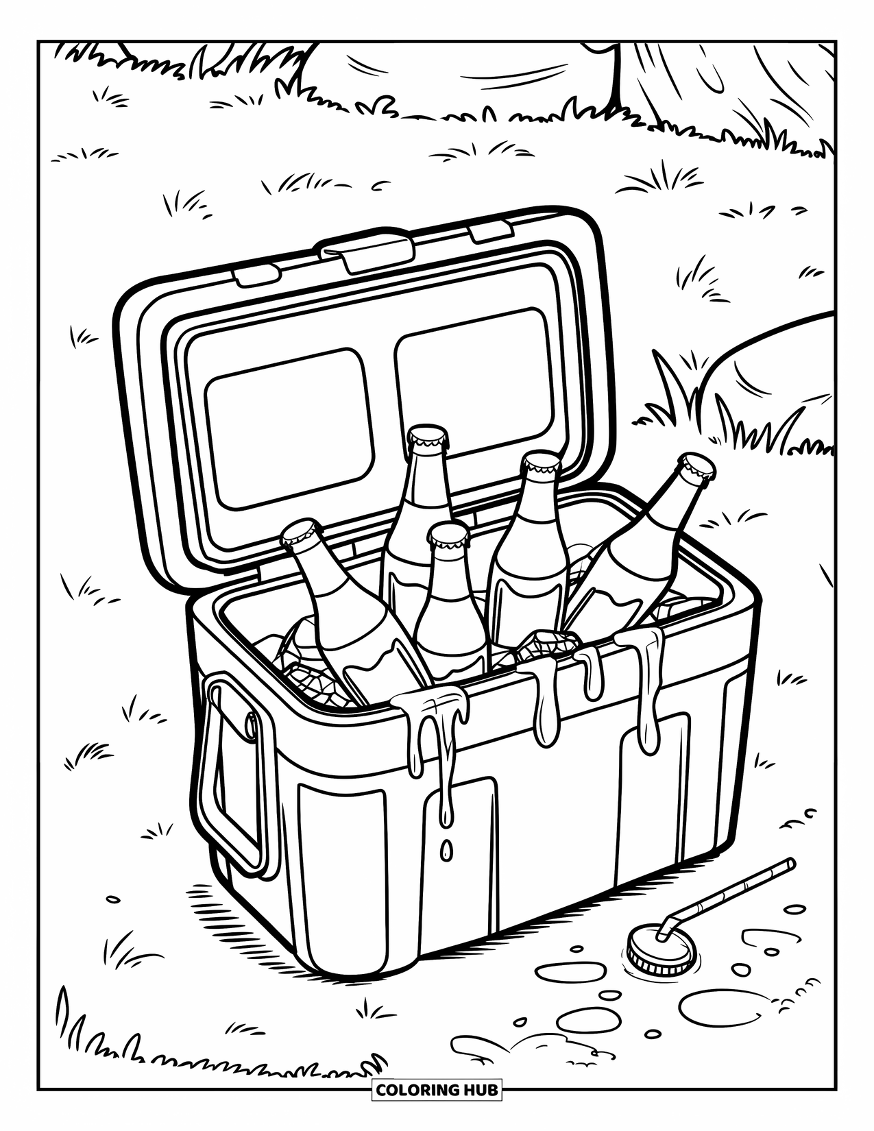 Soda Coloring Page for Kids: Cooler full of soda bottles and melting ice on grassy ground