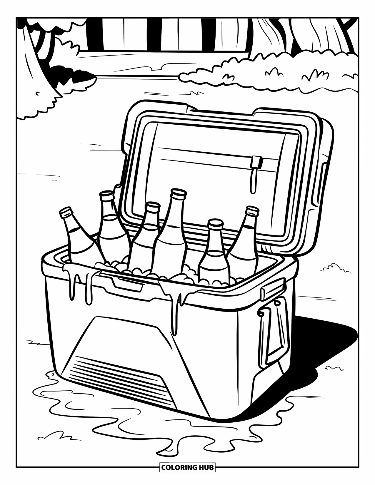 Soda Coloring Page for Kids: Cooler with soda and ice placed beside trees and a building