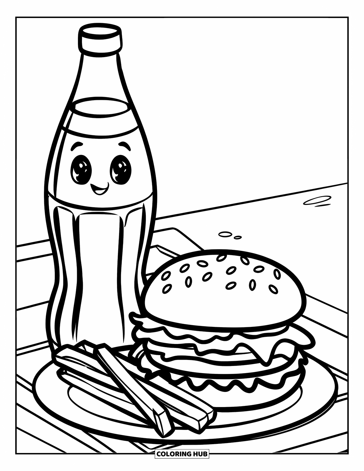 Soda Coloring Page for Kids: Cute soda bottle smiles beside burger and fries on a plate