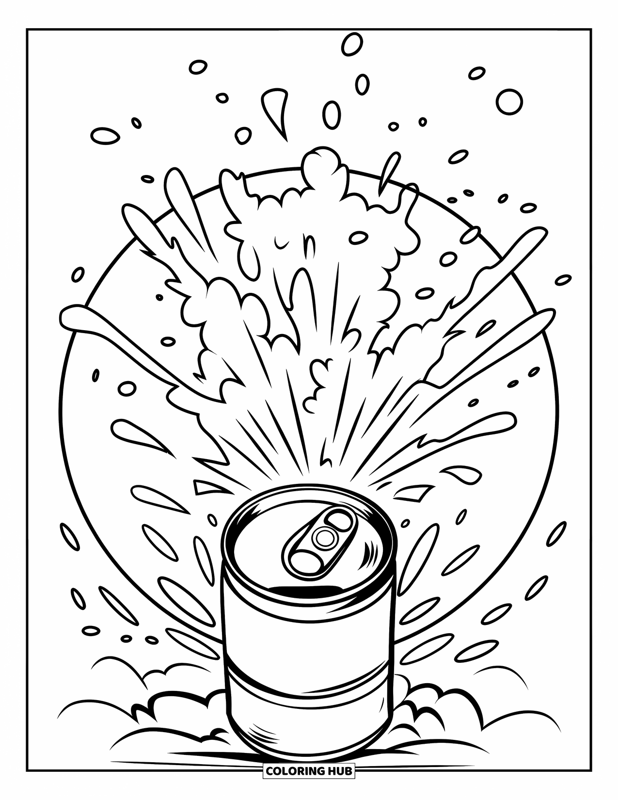 Soda Coloring Page for Kids: Fizz explodes from soda can in a swirling bubble cloud