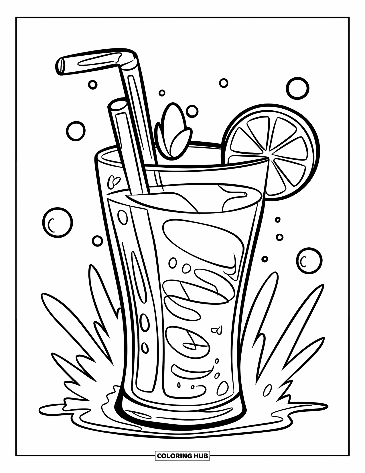 Soda Coloring Page for Kids: Fizzy soda glass with bubbles and a fresh lime slice