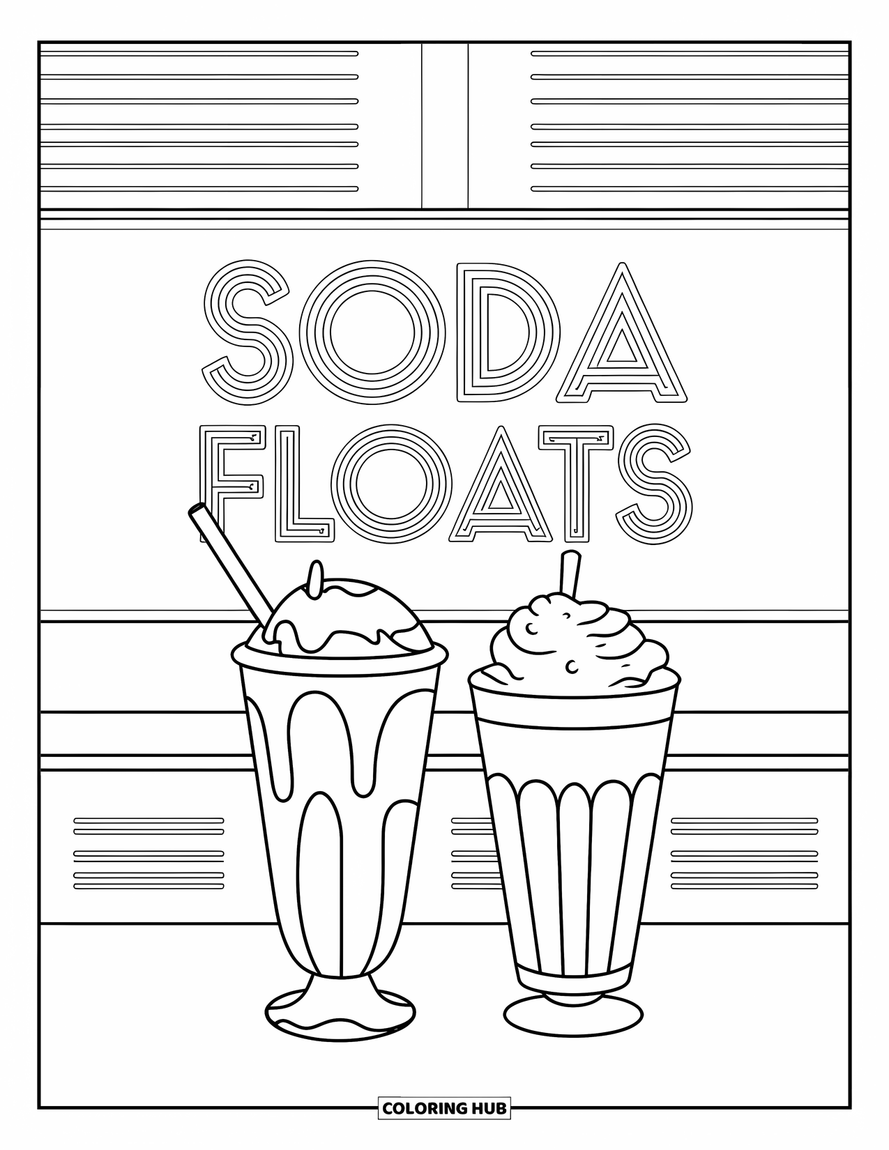 Soda Coloring Page for Kids: Neon diner counter holds two soda floats and retro decor
